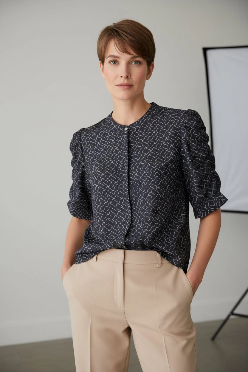 DressAtR Women's Geometric Print Unique Elbow Sleeve Front Button Blouse