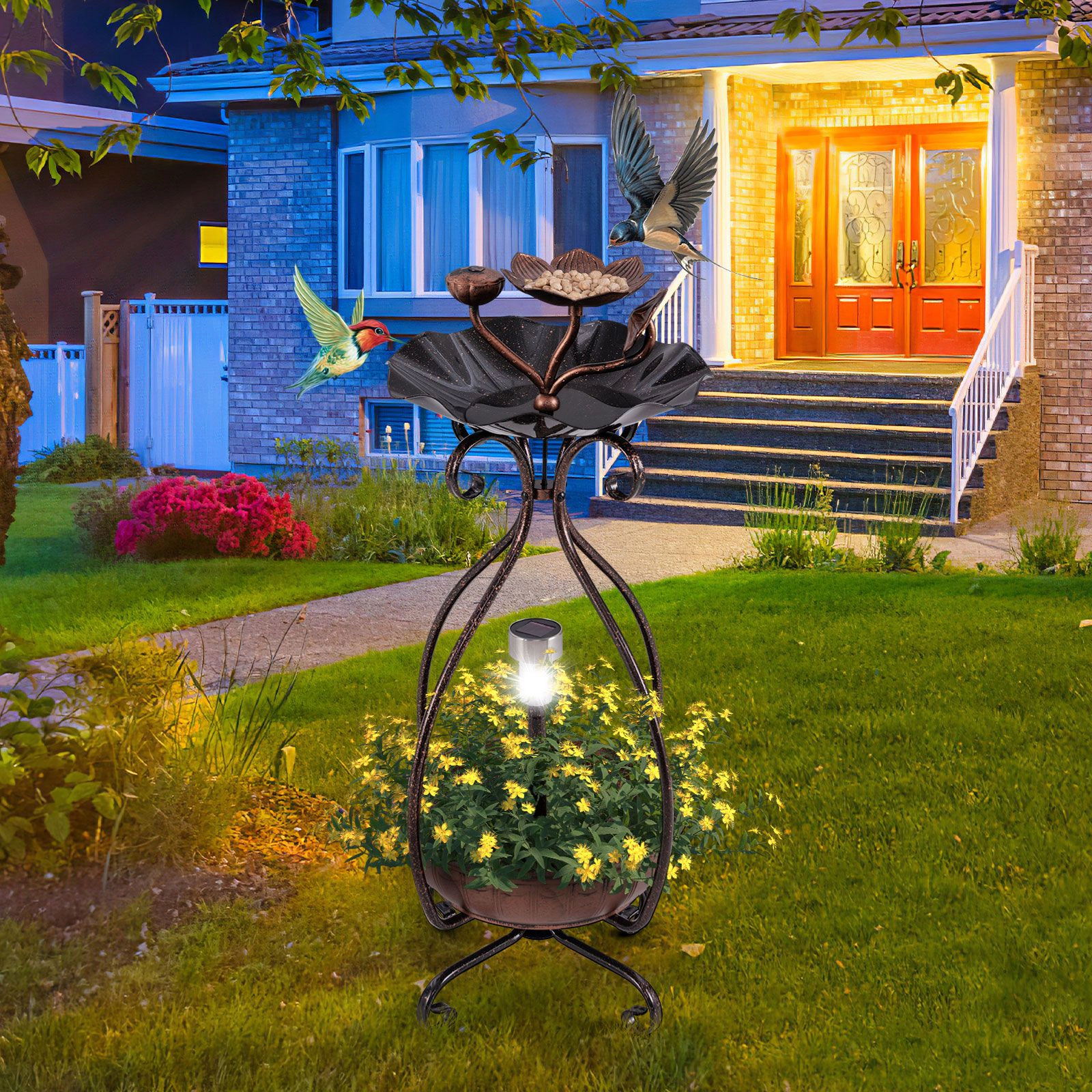 SlickBlue Standing Metal Birdbath with Solar Lights and Lotus Leaf Bowl