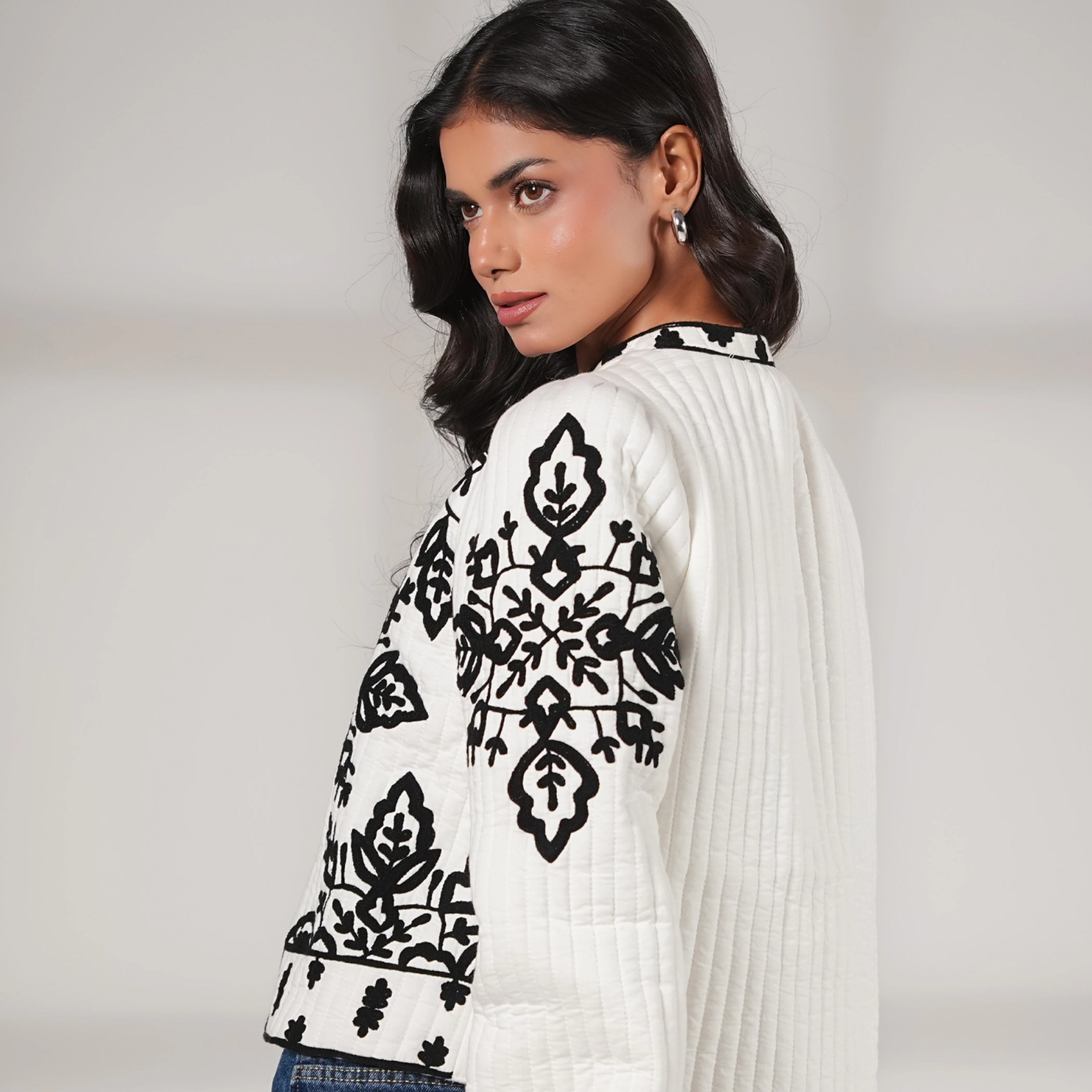 Rose & Nancy Women's Lori Black And White Cotton Quilted Embroidered Jacket