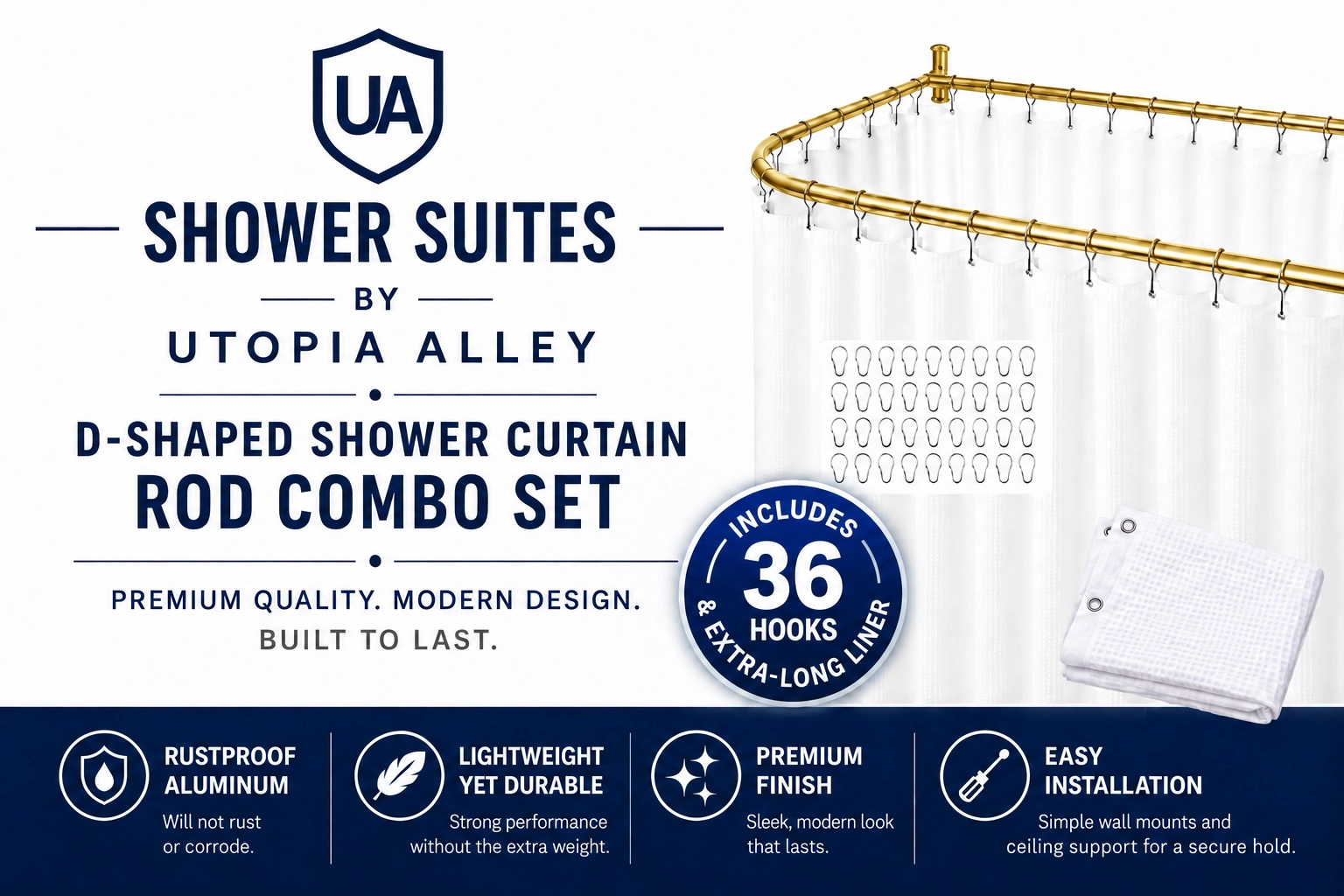 Shower Suites By Utopia Alley D-Shaped Curtain Rod for Freestanding Tubs with Fabric & 36 Hooks