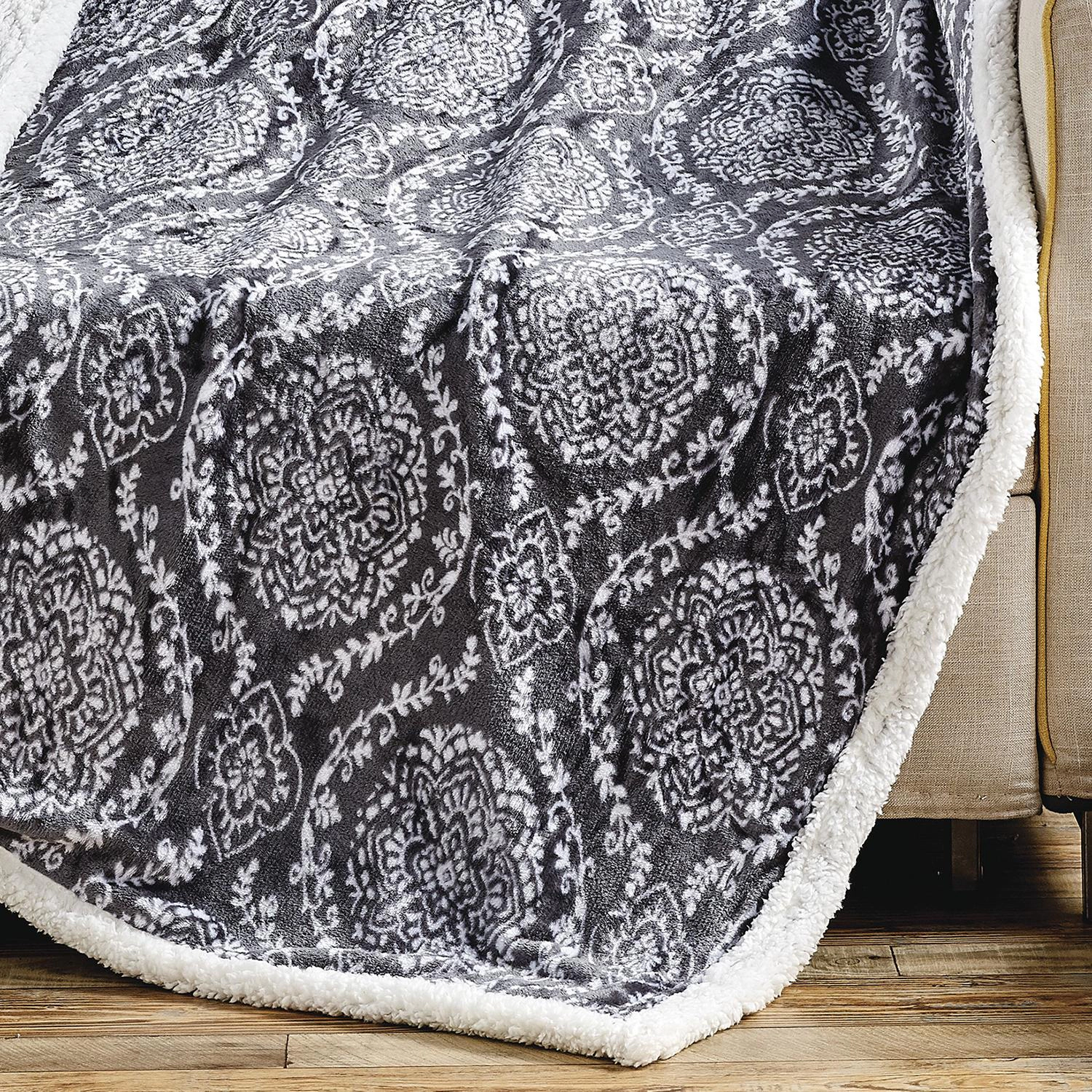 Plazatex Gracey with Sherpa Plush Decorative All Season Plum Throw Blanket 50" x 60" Grey
