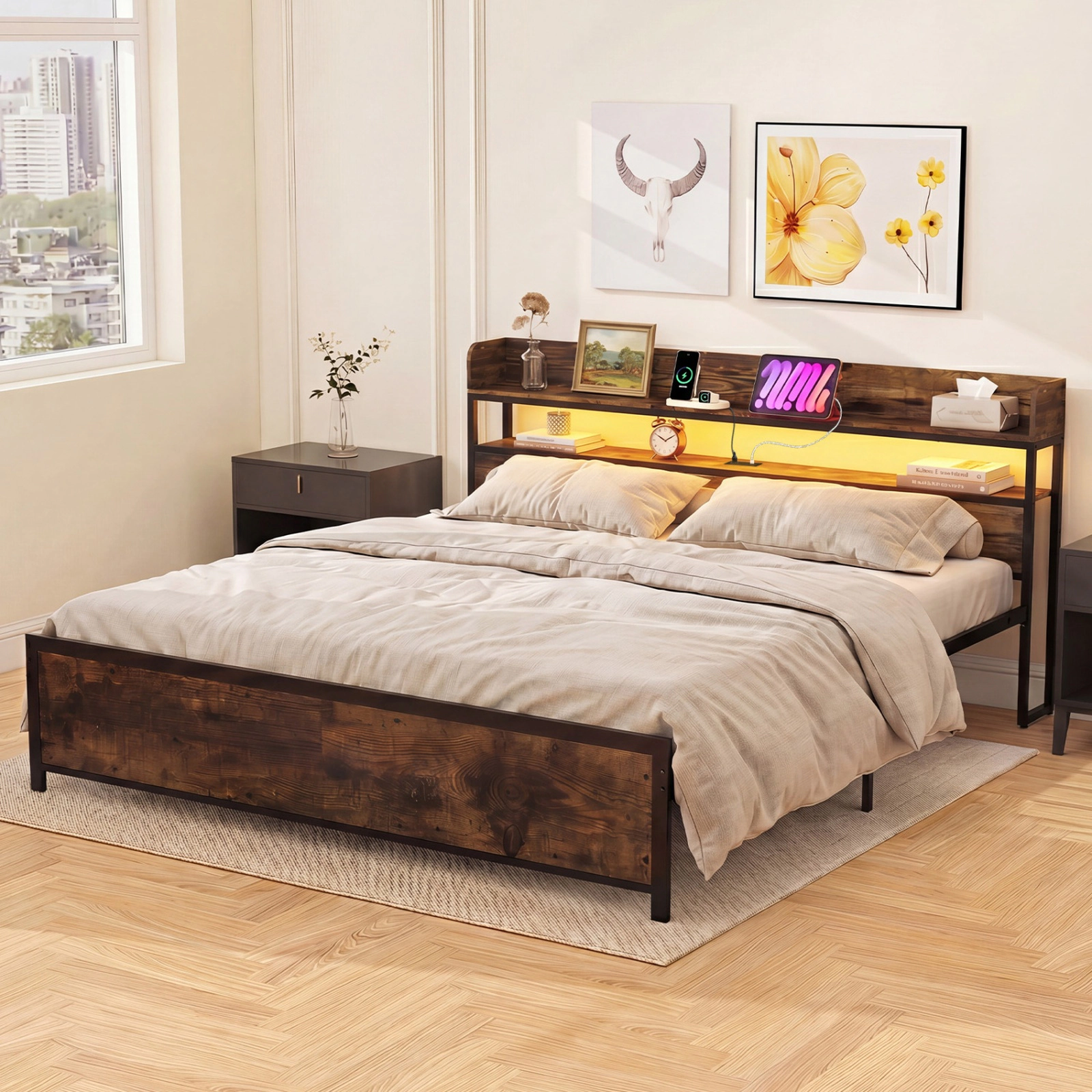 SUGIFT Rustic Brown Power Outlets Storage Headboard and Remote King Size LED Bed Frame