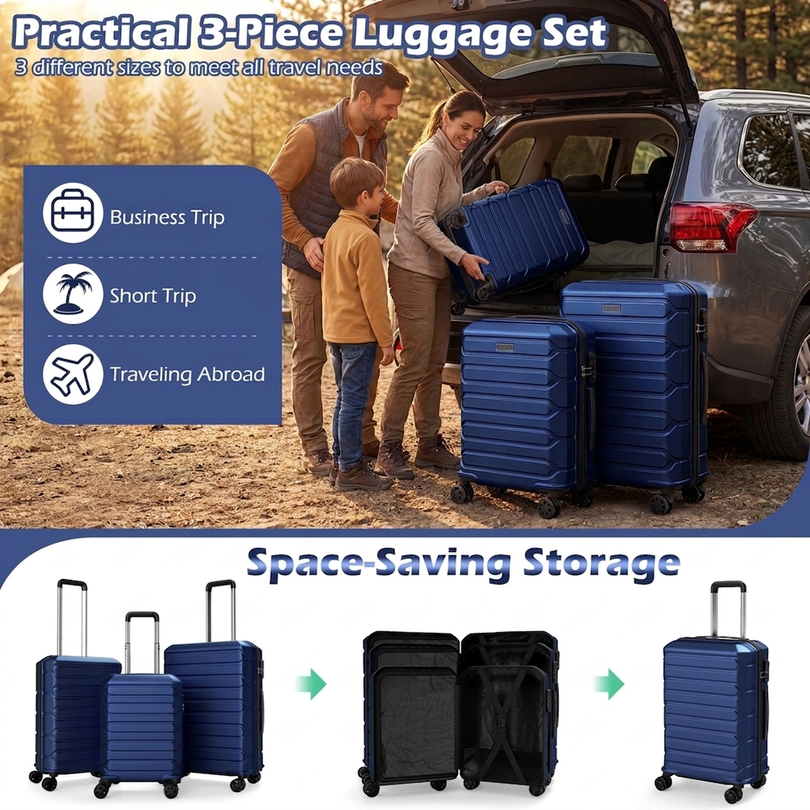 SUGIFT 3-Piece Hardside 8 Spinner Wheels Lightweight Nested Luggage Set 20-in 24-in 28-in 95-L 19.5-lb Navy