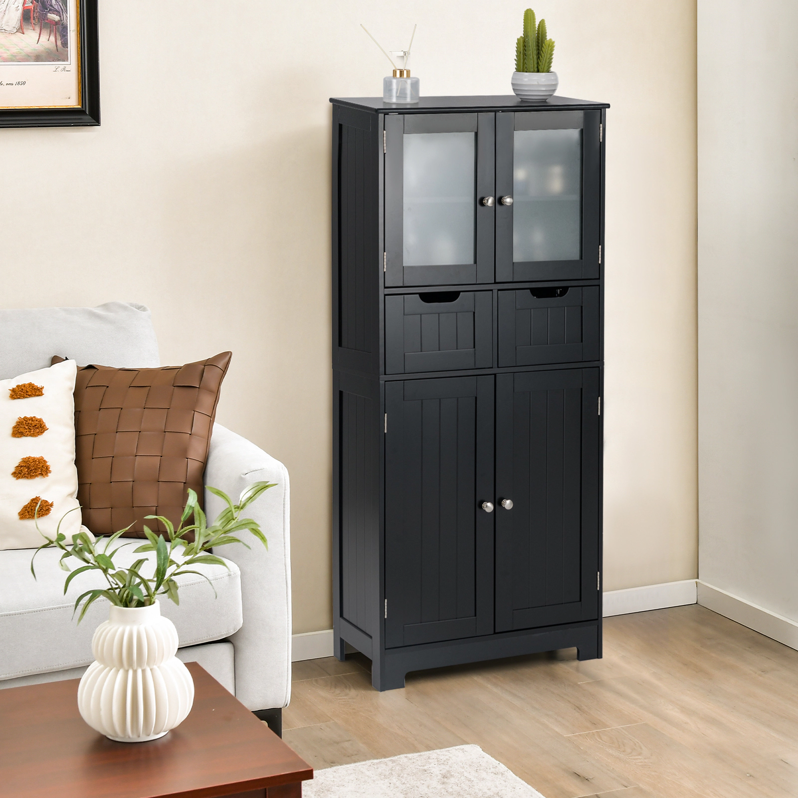 SlickBlue 4-Door Bathroom Storage Cabinet with Drawers & Glass Doors