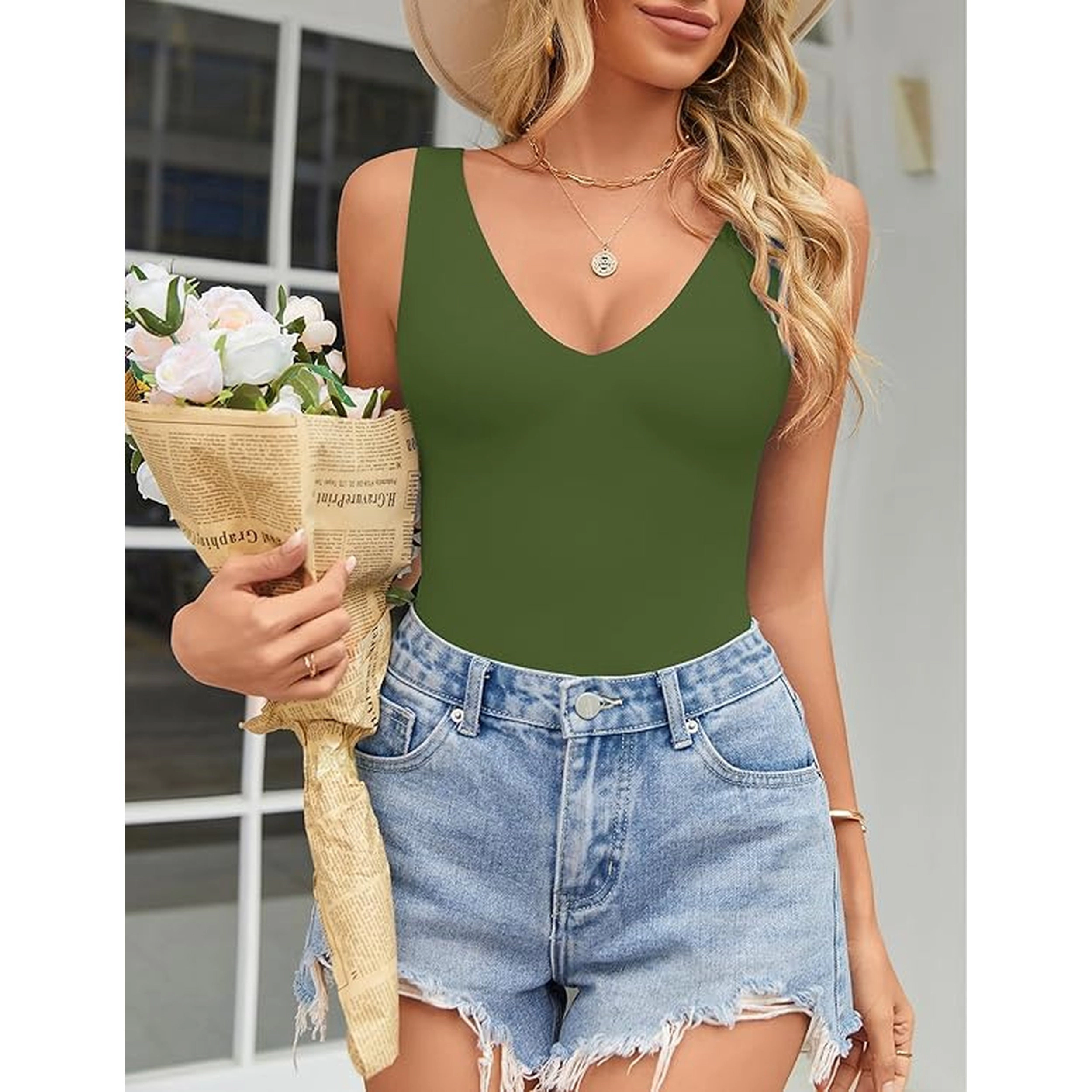 Avidlove Women's Deep V Neck Sleeveless Seamless Bodysuit