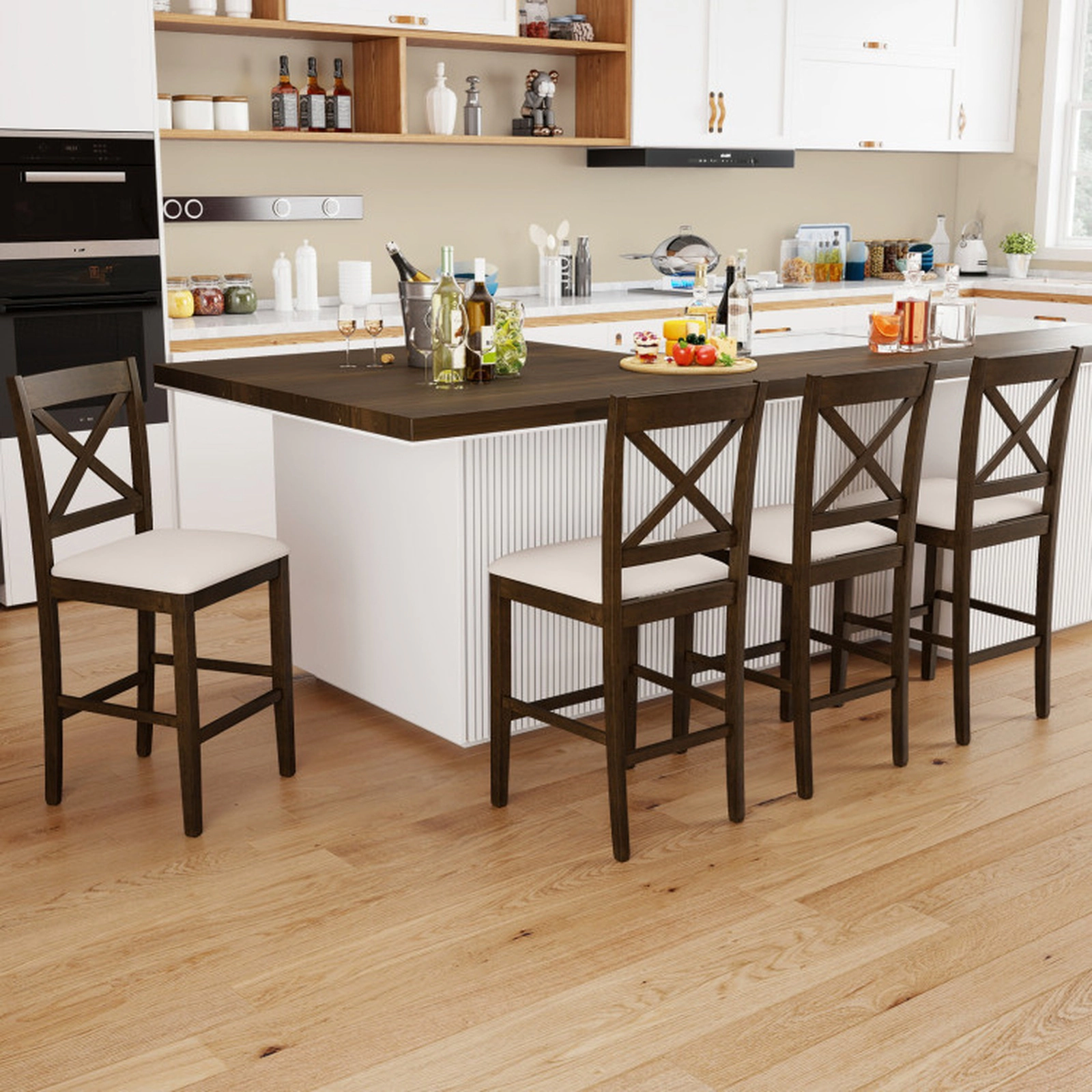 SUGIFT X-Back Counter-Height Bar Stools with Upholstered Cushioned Seats 330-lb Capacity Dark Brown and Cream
