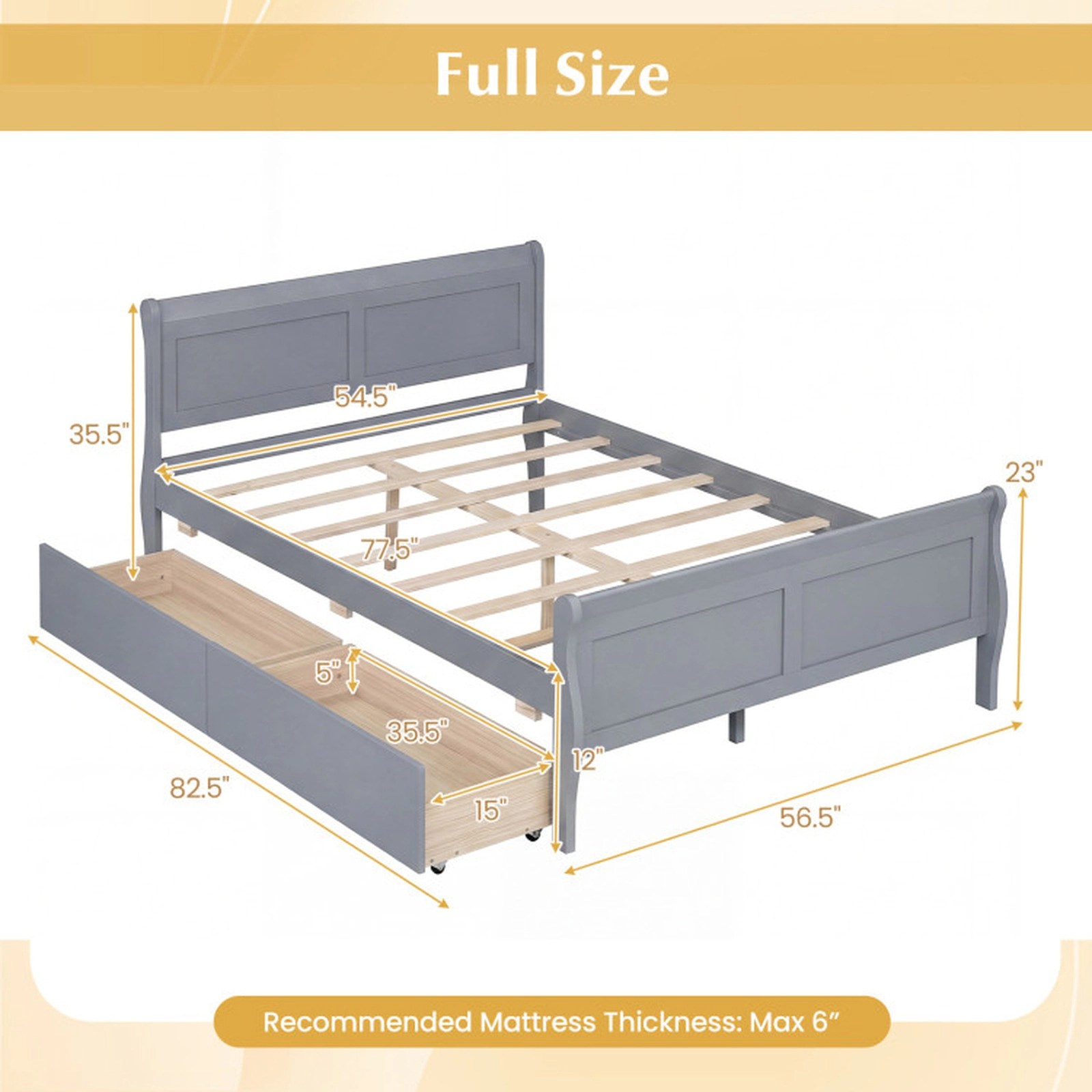 SUGIFT Gray 2 Storage Drawers and Curved Footboard Full Size Wooden Bed Frame