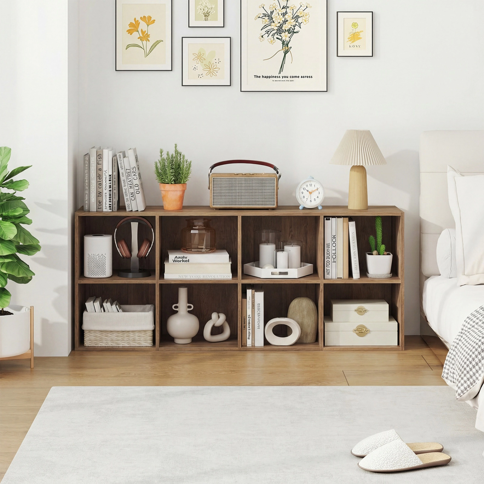 SUGIFT Natural 8-Cube Bookcase 48 in Wide with 180-lb Countertop and Anti-Tipping Kits
