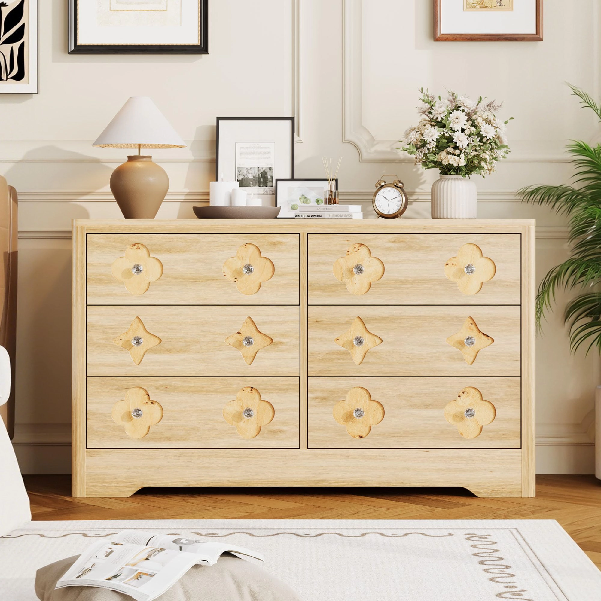 47.2" Wide 6 Drawer Wood Dresser with Crystal Knobs, Bedroom Storage Chest TV Stand Organizer