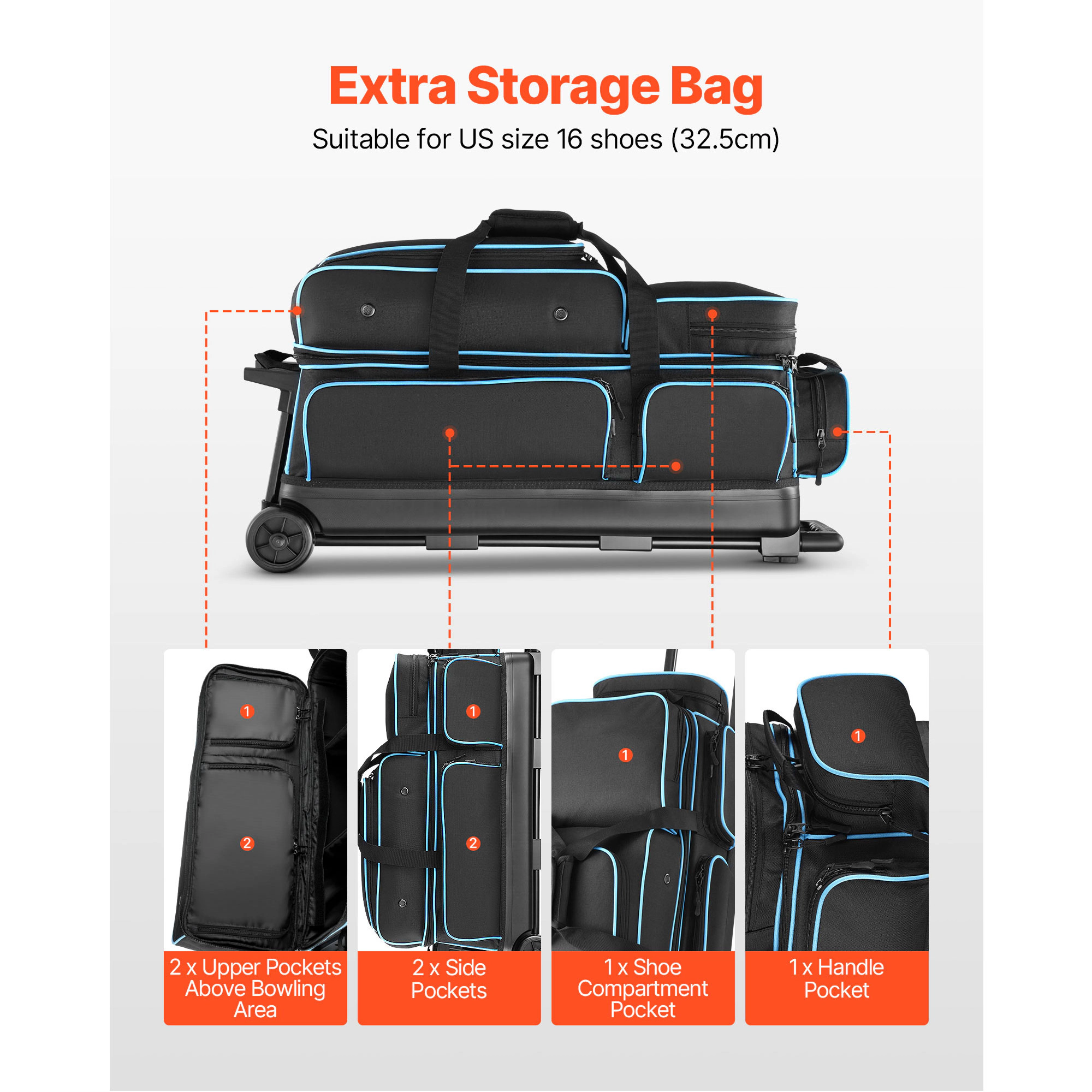 HONGGE Bowling Ball Bag, Double Roller Bowling Bag with Wheels