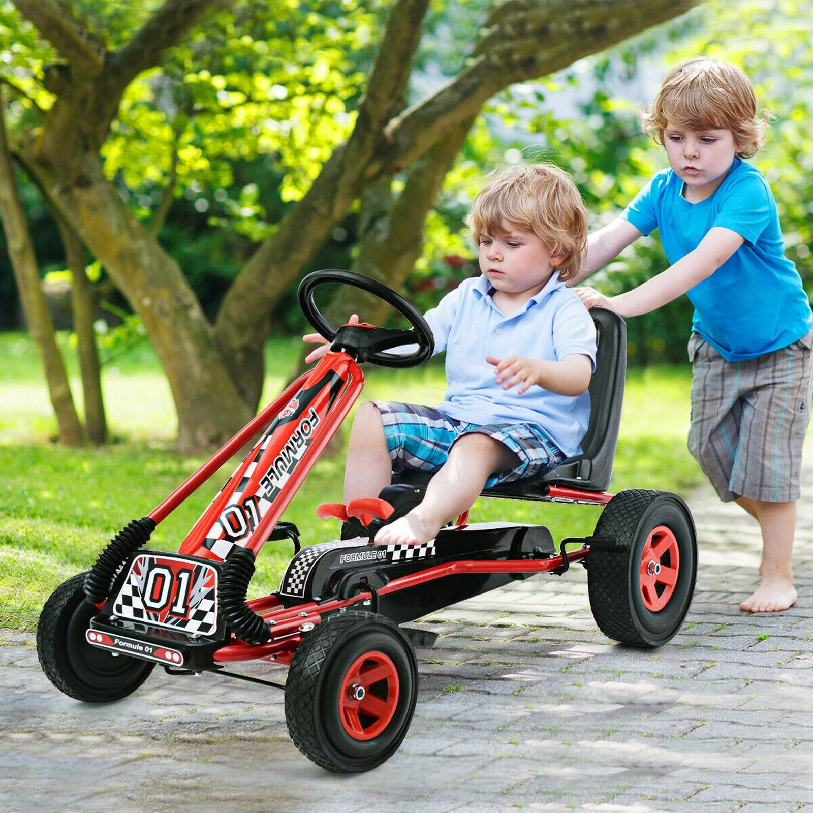 4-Wheel Pedal Go Kart for Ages 3-8 with Low Seat High Backrest and 3-Point Steering Wheel Indoor Outdoor Racer Pedal Car