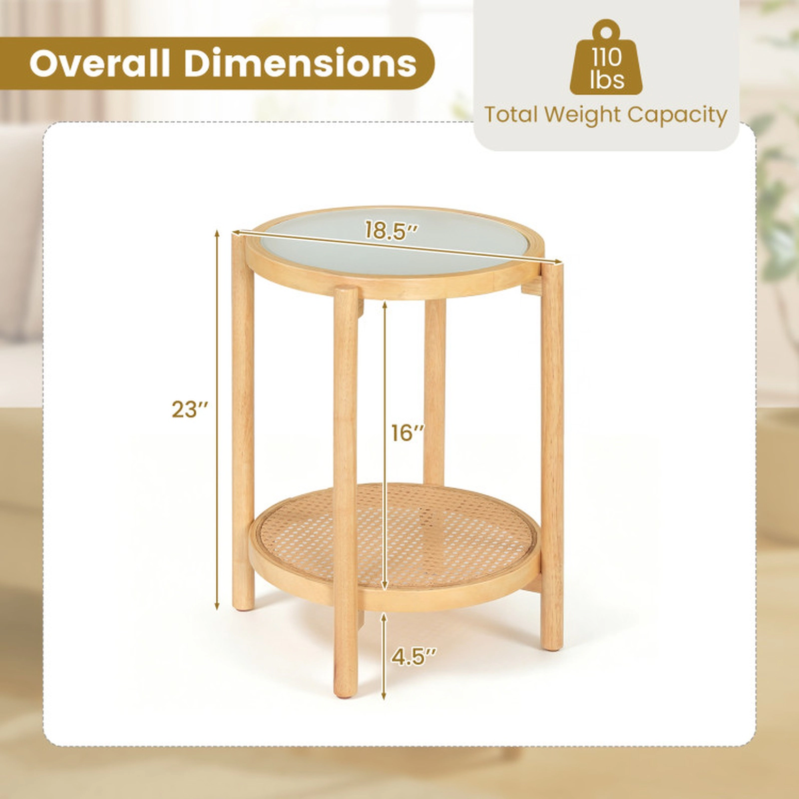 SUGIFT 18.5-Inch Round 2-Tier Rattan and Glass Nightstand Side Table