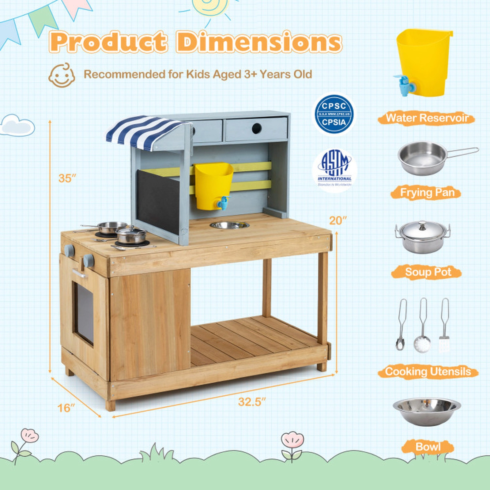 SUGIFT Fir Wood Kids Kitchen Playset with Canopy and Faucet 35-in Tall Mud Kitchen Ages 3+ Natural & Blue 8-Piece Set