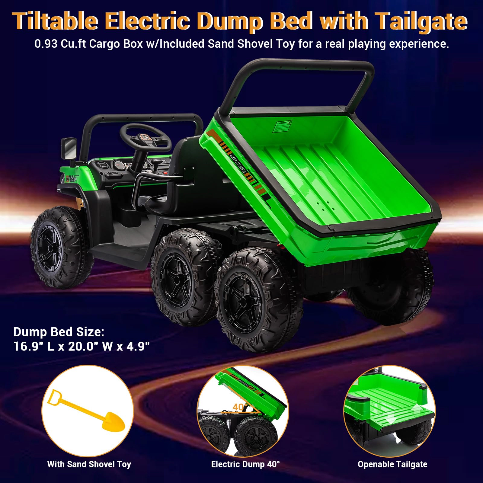Enjyam 24V 6-Wheel Ride-on Dump Truck, 2-Seater 4WD Electric UTV with Remote, Bed & Shovel, Music, LED