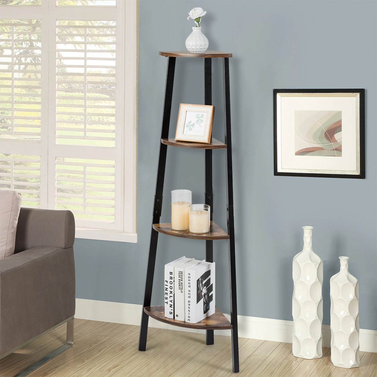 COSTWAY 4-Tier Corner Shelf Metal Storage Rack Bookcase Plant Display Stand Natural