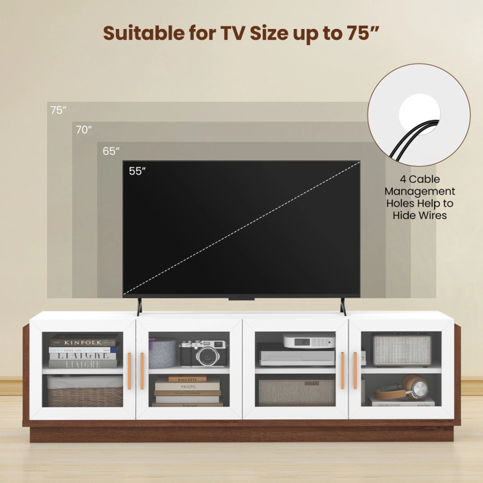 SUGIFT 4 Tempered Glass Doors Adjustable Shelves Media Console TV Stand 70-in x 16-in x 20-in 75-in TV White