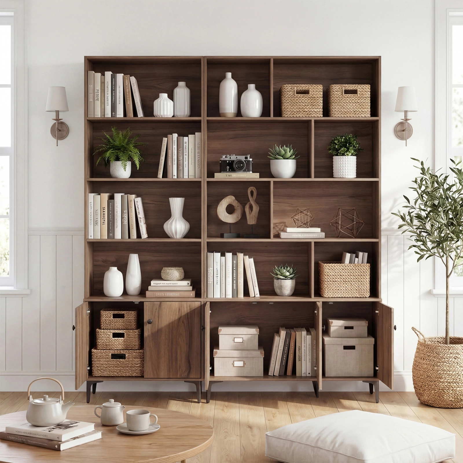SUGIFT 68.5-in Tall Bookshelf with 3 Doors Open Shelves & Enclosed Cabinet 22-lb Shelf Capacity Home Office Walnut/White