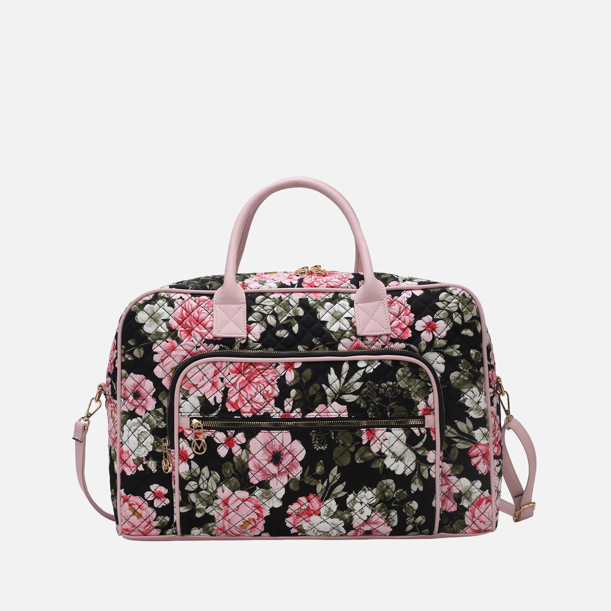 Mia K Collection Jayla Quilted Duffle Bag - Botanical Pattern, Vegan Leather Handles, Trolley Sleeve
