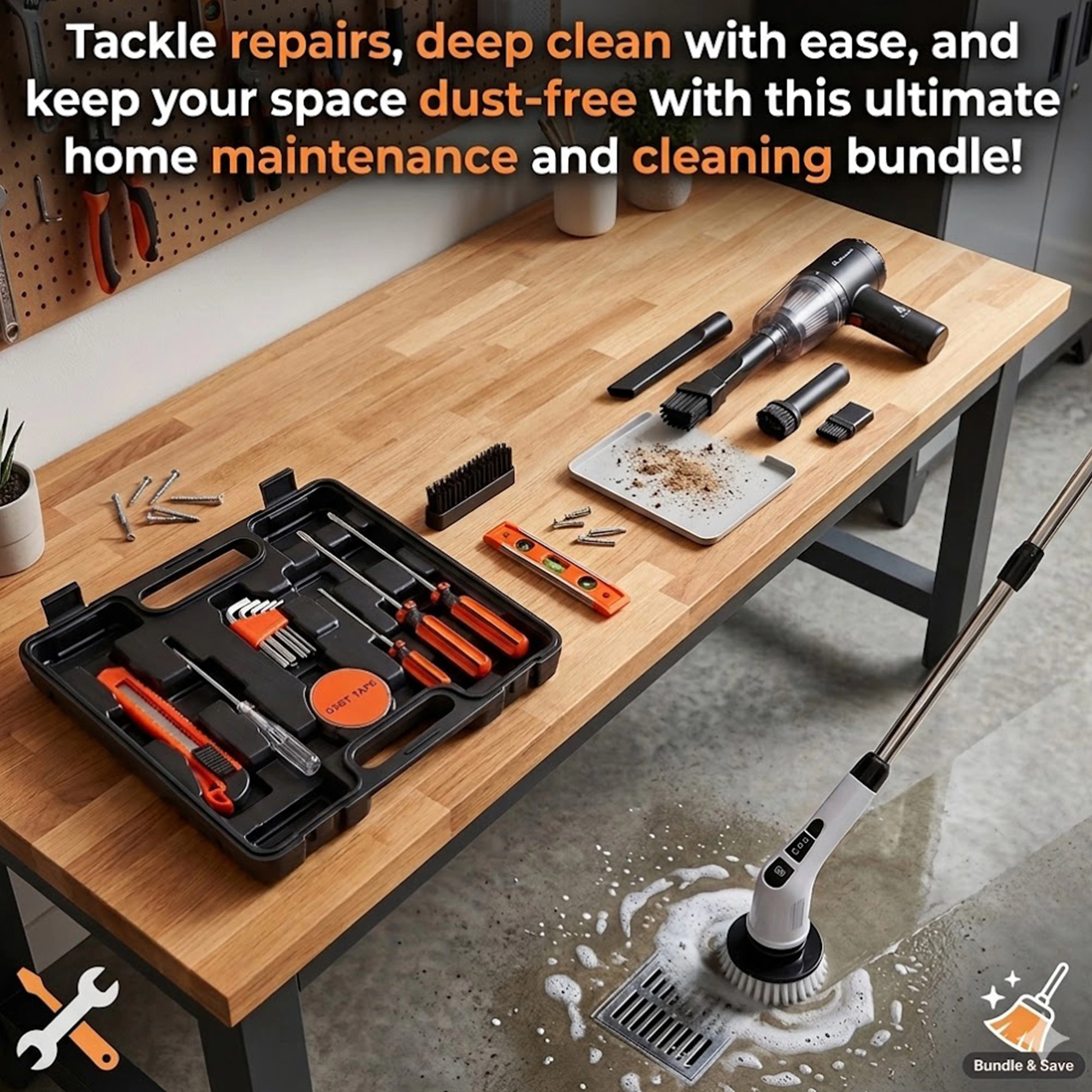 Pursonic Unisex Home Maintenance & Cleaning Bundle: 16-Piece Tool Kit, Cordless Scrubber & Mini Vacuum Air Duster