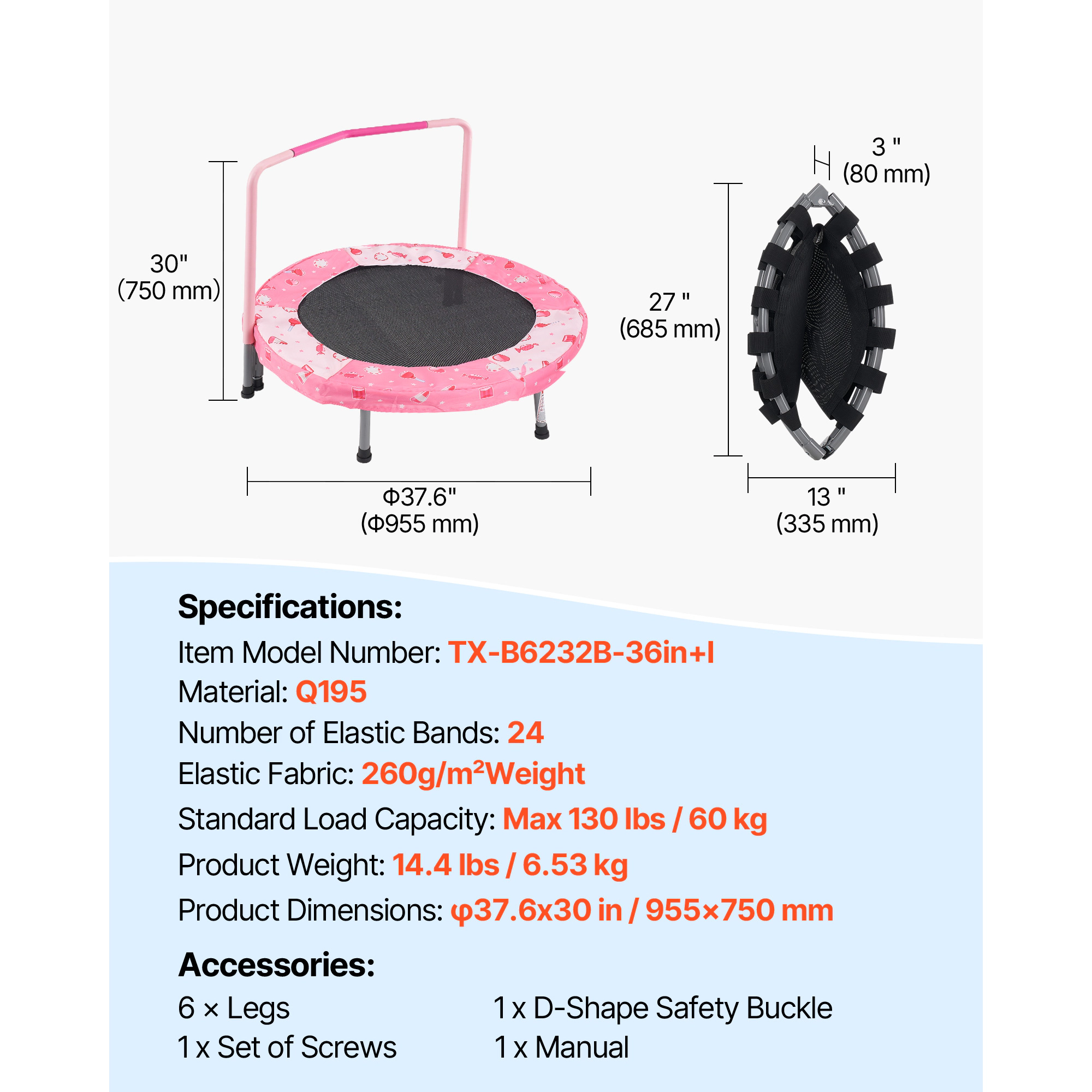 HONGGE 36" Kids Trampoline 3FT Indoor Outdoor Trampoline Foldable Mini Trampoline with Handle Rebounder Trampoline for