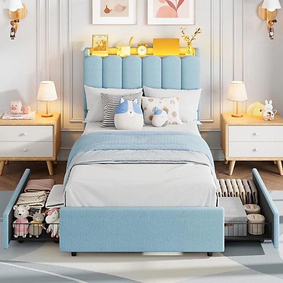 Boucle Upholstered Platform Bed with Wavy Storage Headboard, RGB LED ...