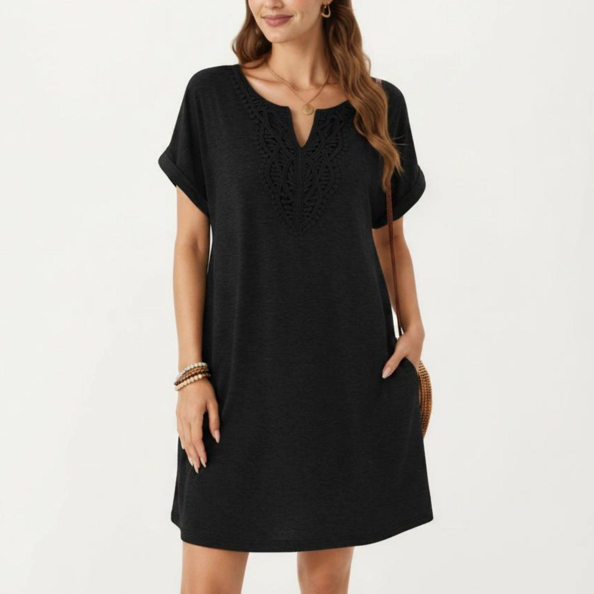 Anna-Kaci Women's Short Sleeve Split V Neck Embroidered Detail Relaxed Fit Casual Tunic Shift Dress