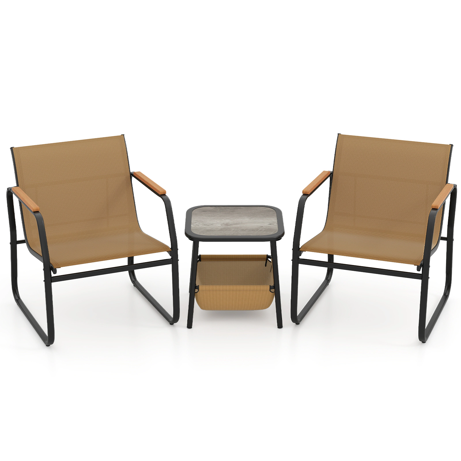 SUGIFT 3-Piece Brown Metal Patio Bistro Set with Mesh Chairs and 2-Tier Storage Table