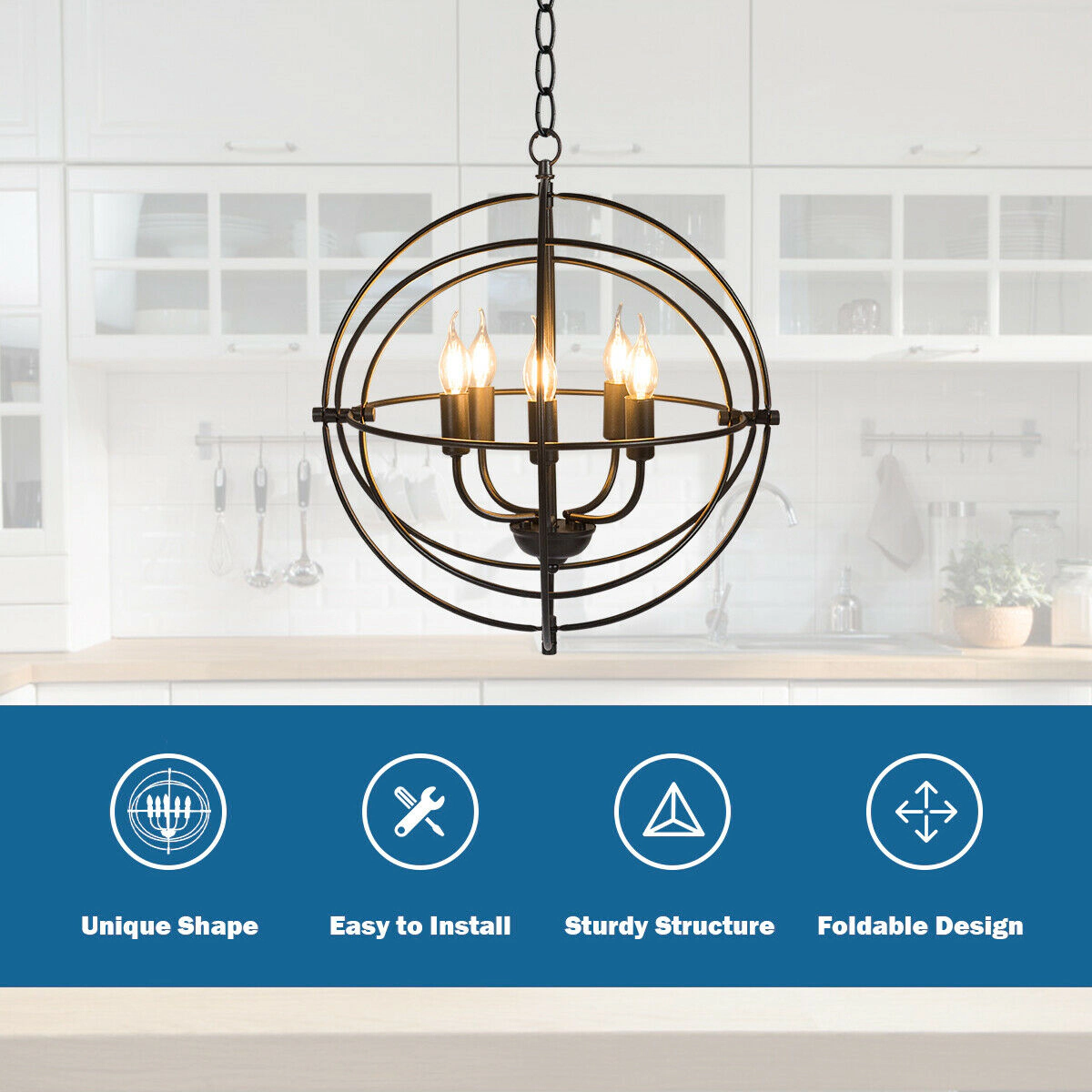 SUGIFT 5-Light Pivoting Interlocking Rings Iron Orb Chandelier 20-in x 20-in 55-in Drop E12 Sockets Black