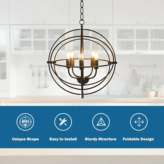 SUGIFT 5-Light Pivoting Interlocking Rings Iron Orb Chandelier 20-in x 20-in 55-in Drop E12 Sockets Black