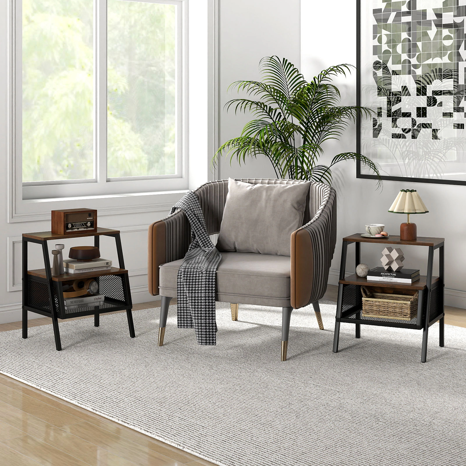 Hivvago Industrial Nightstand 3-Tier End Table with 2 Open Shelves and Metal Mesh Compartment