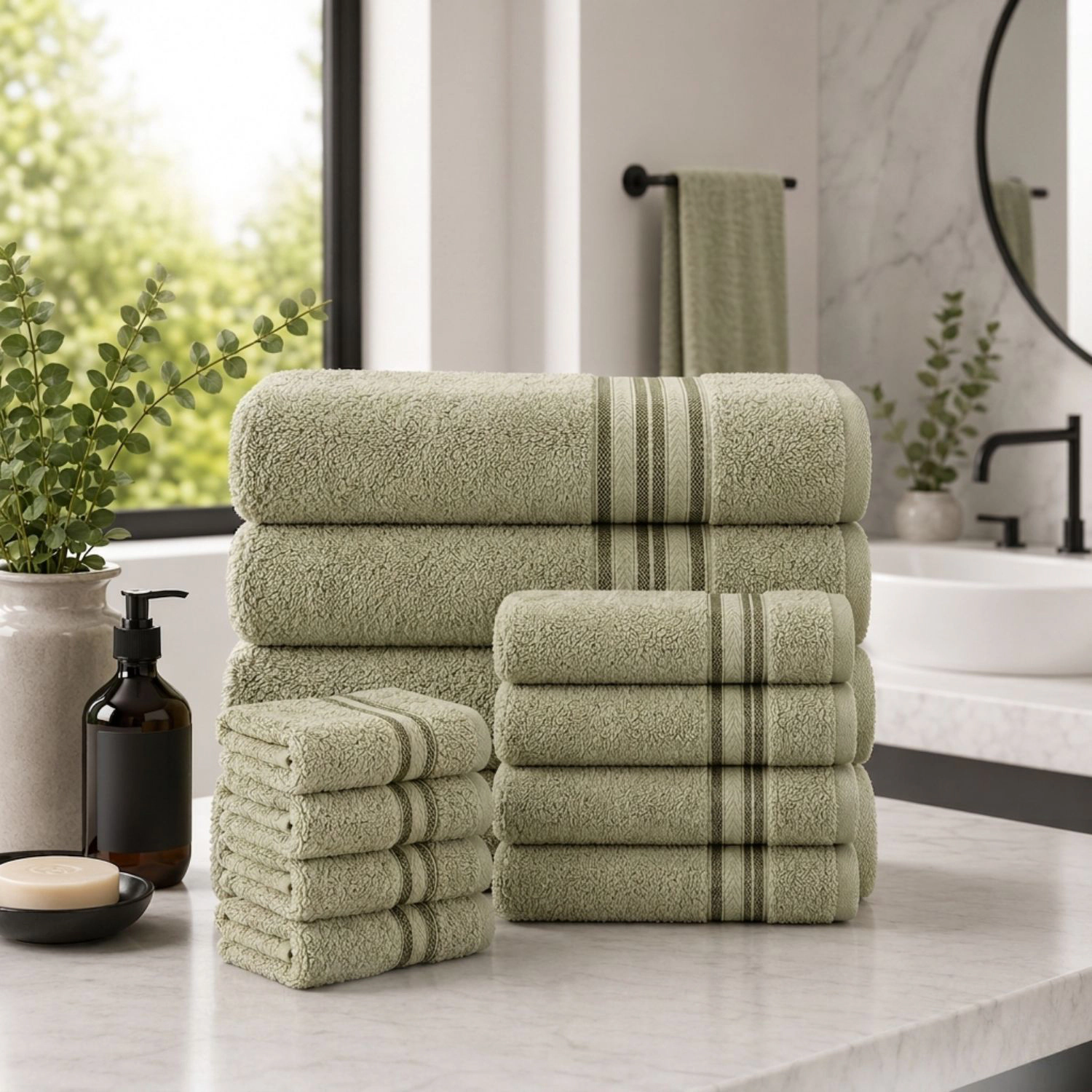 Plazatex 100% Premium Cotton Textured Border Ultra Soft Absorbent Piece Bathroom Towel Set Safari