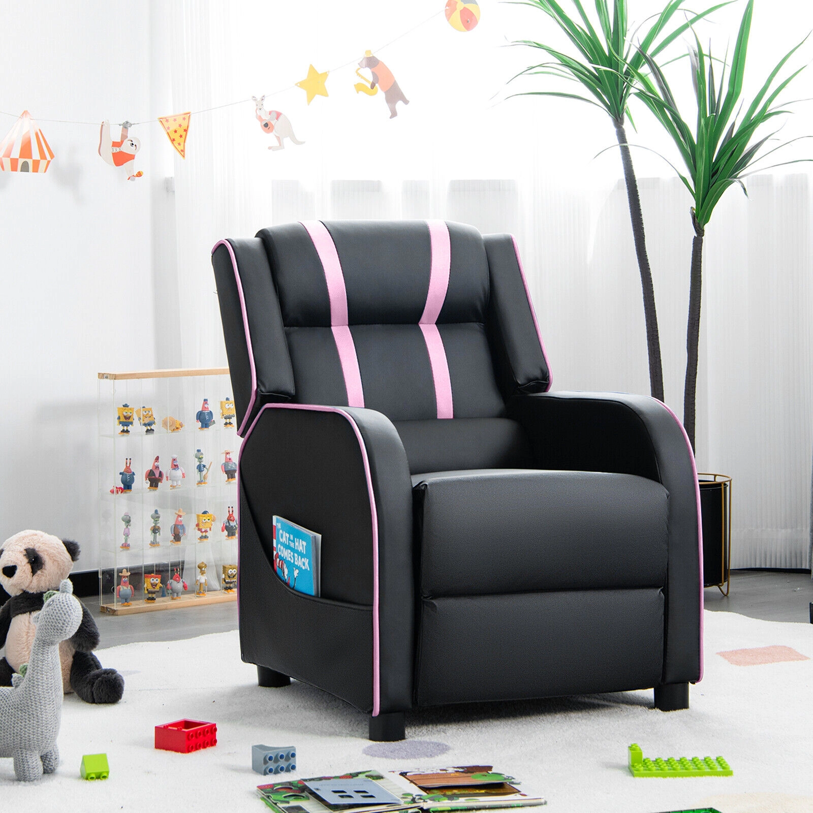 SUGIFT High-Density Sponge Kids Recliner Chair with Side Pockets and Footrest 110-lb Capacity Ages 3-12 Pink