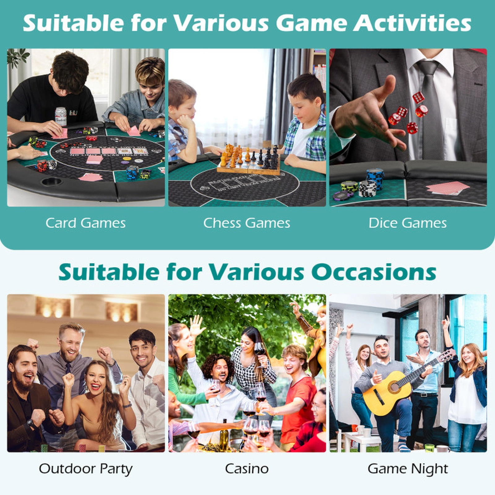 SUGIFT Portable 48-in Round 6-Player Poker Table Top with 10 Cup Holders Cushioned Armrests and Carrying Bag Green