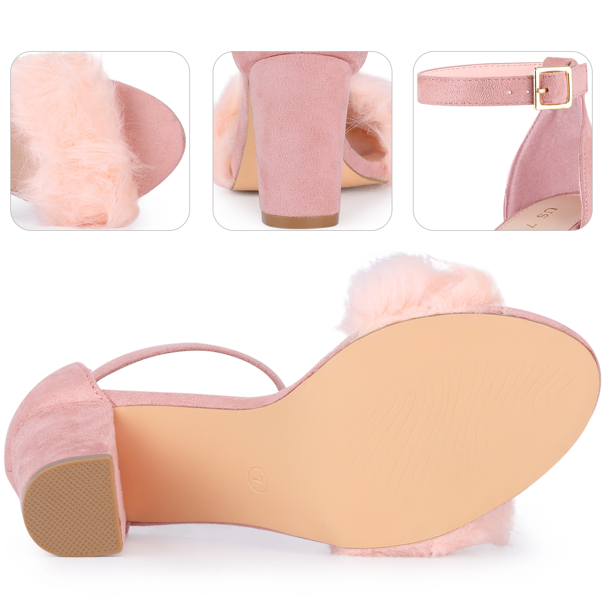 BLISSFUL STEP Women's Fluffy Faux Fur Ankle Strap Block Heel High Heels Sandals