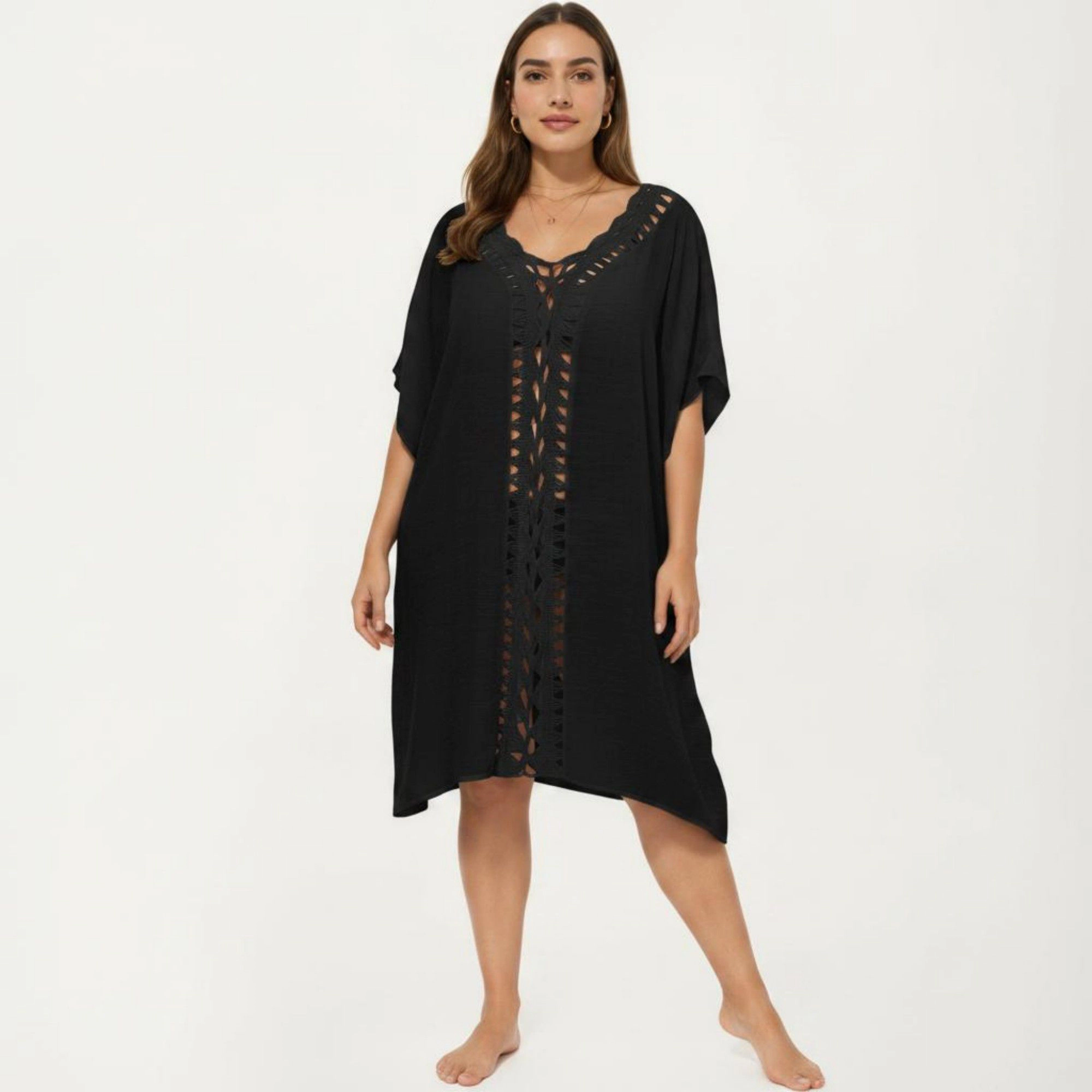 Anna-Kaci Women's Swim Cover Up Kaftan Dress with Crochet Cutout Trim Loose Short Sleeves Midi Fit
