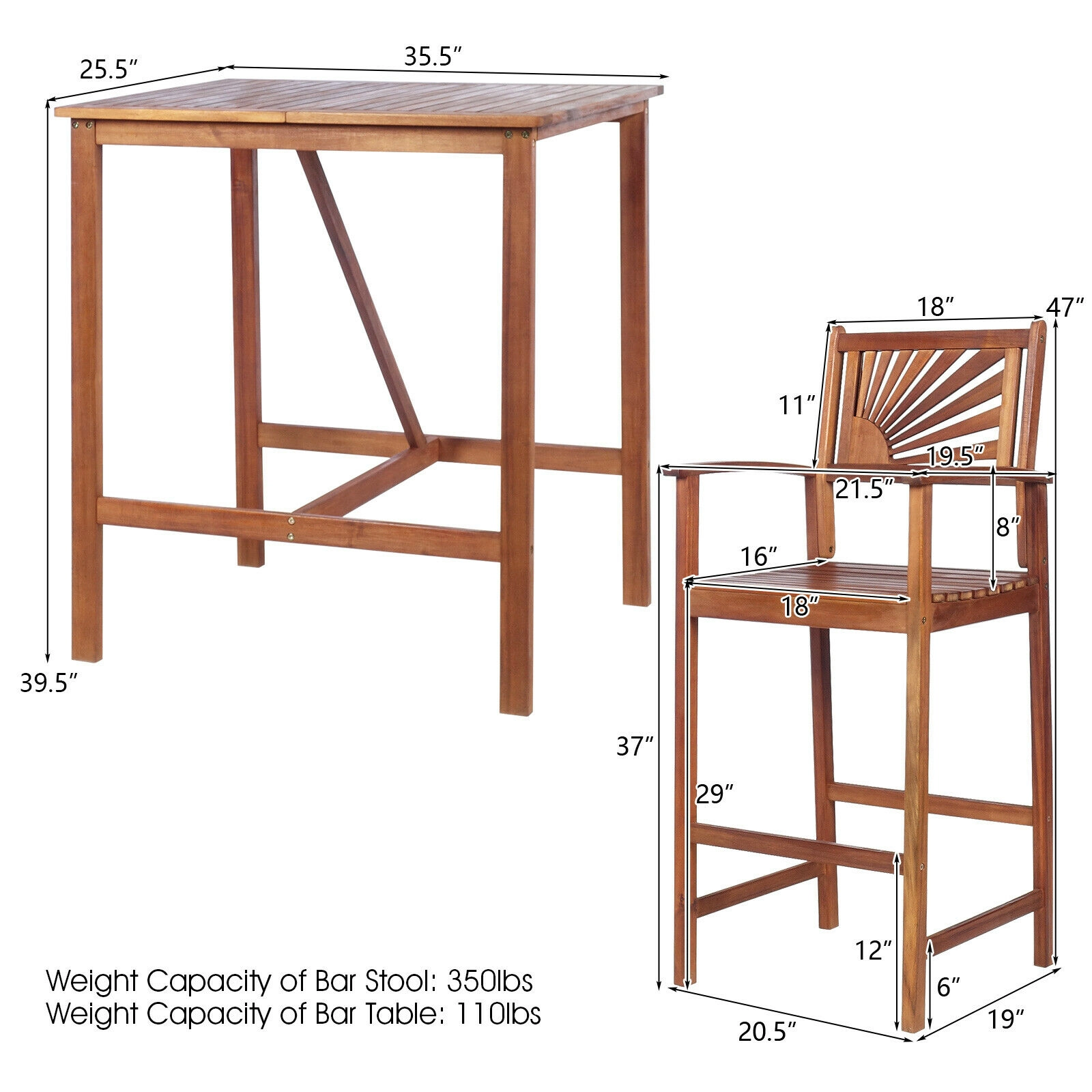 SUGIFT 3-Piece Acacia Wood Patio Bar Set, 35.5-Inch Table and 29-Inch Seat Stools