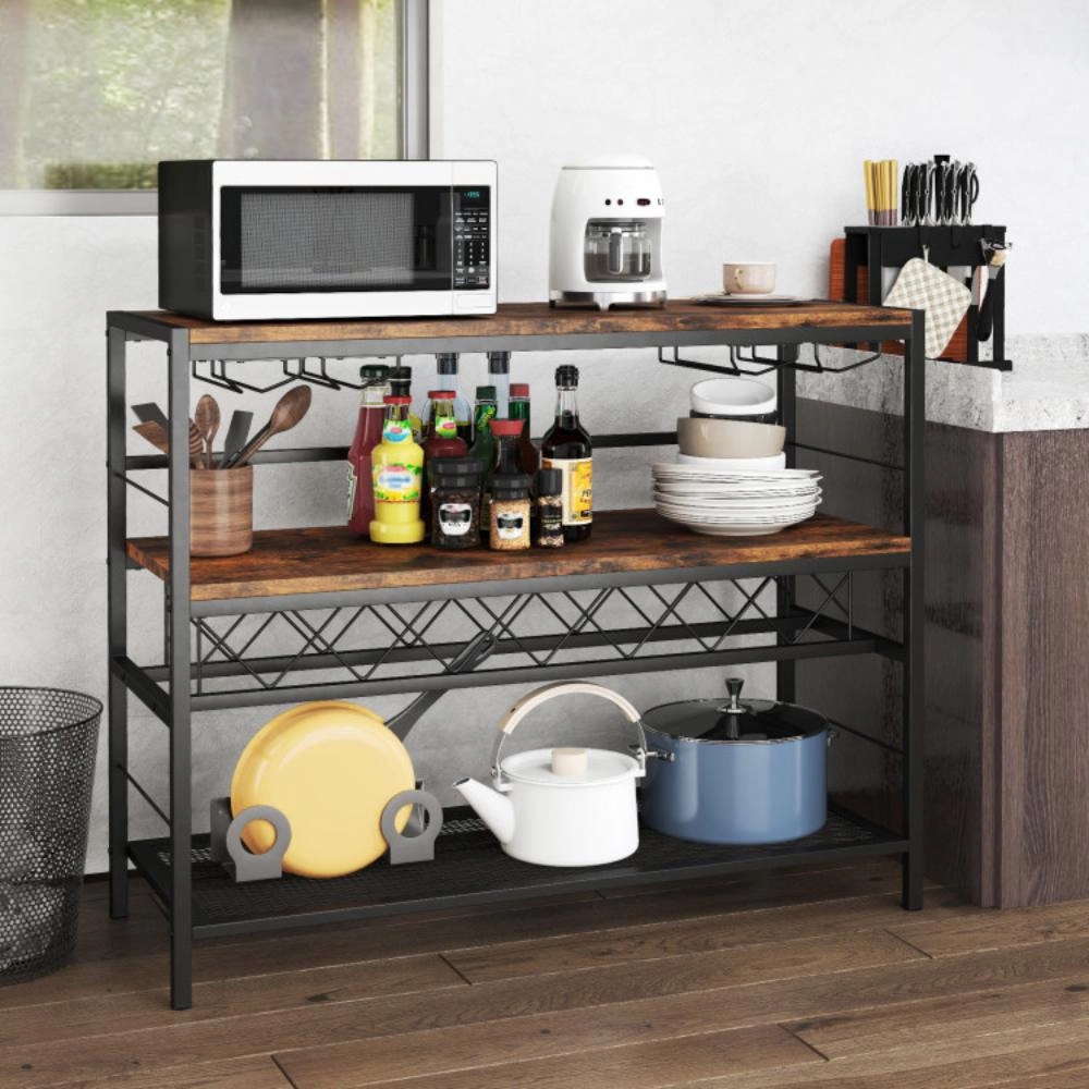 Hivvago 41 Inch 4-Tier Bar Table with Wine Rack and 4 Rows of Glass Holders-Rustic Brown