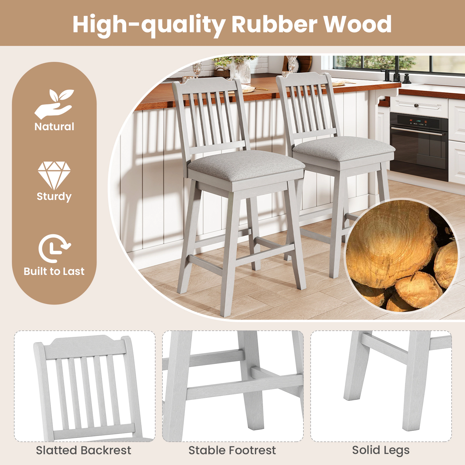 SUGIFT 25-in Modern Upholstered Swivel Counter-Height Bar Stools Set of 2 400-Lb Capacity with Footrests Gray