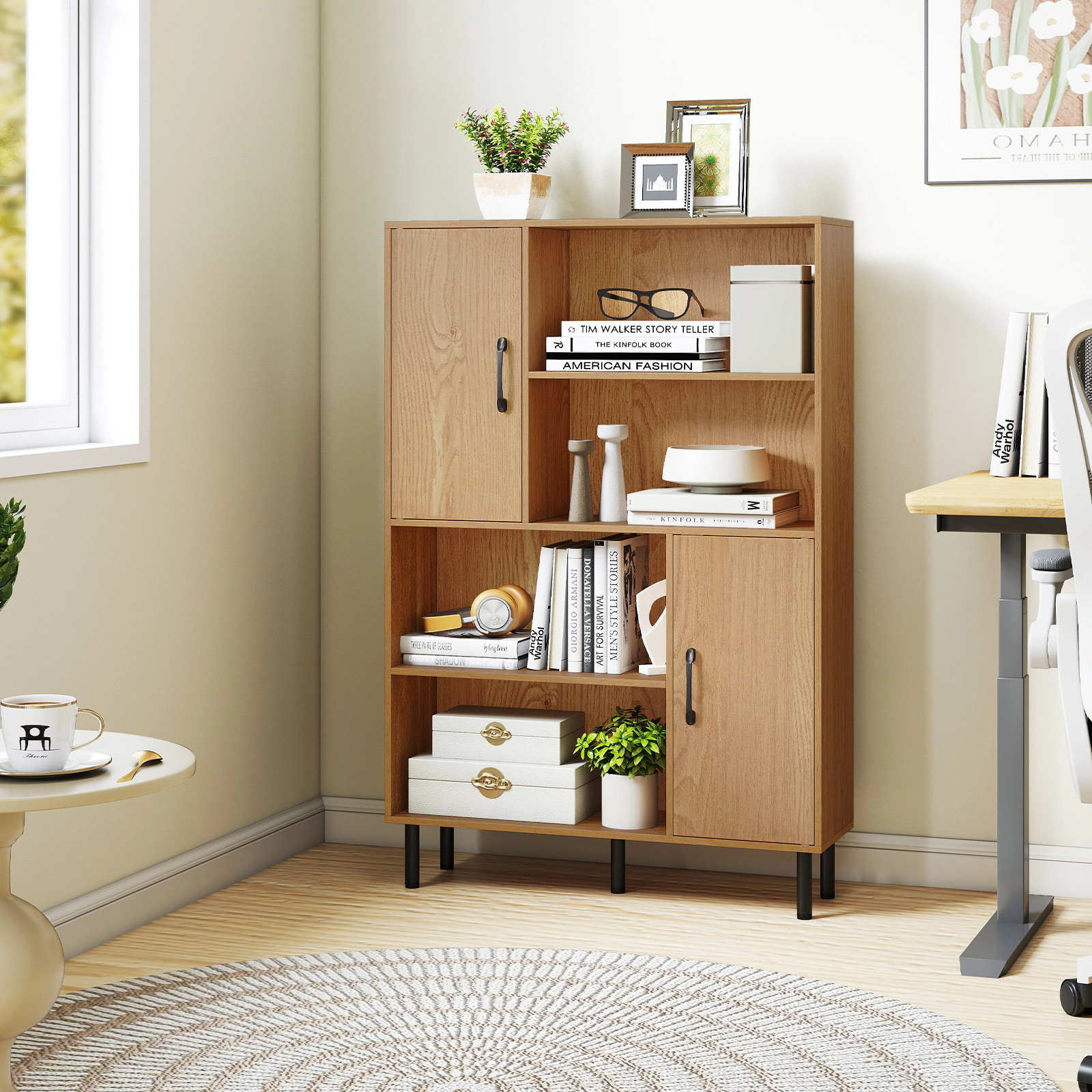 LJG 47 Inch Storage Cabinet Freestanding Bookcase with 2 Doors and 4 Open Shelves