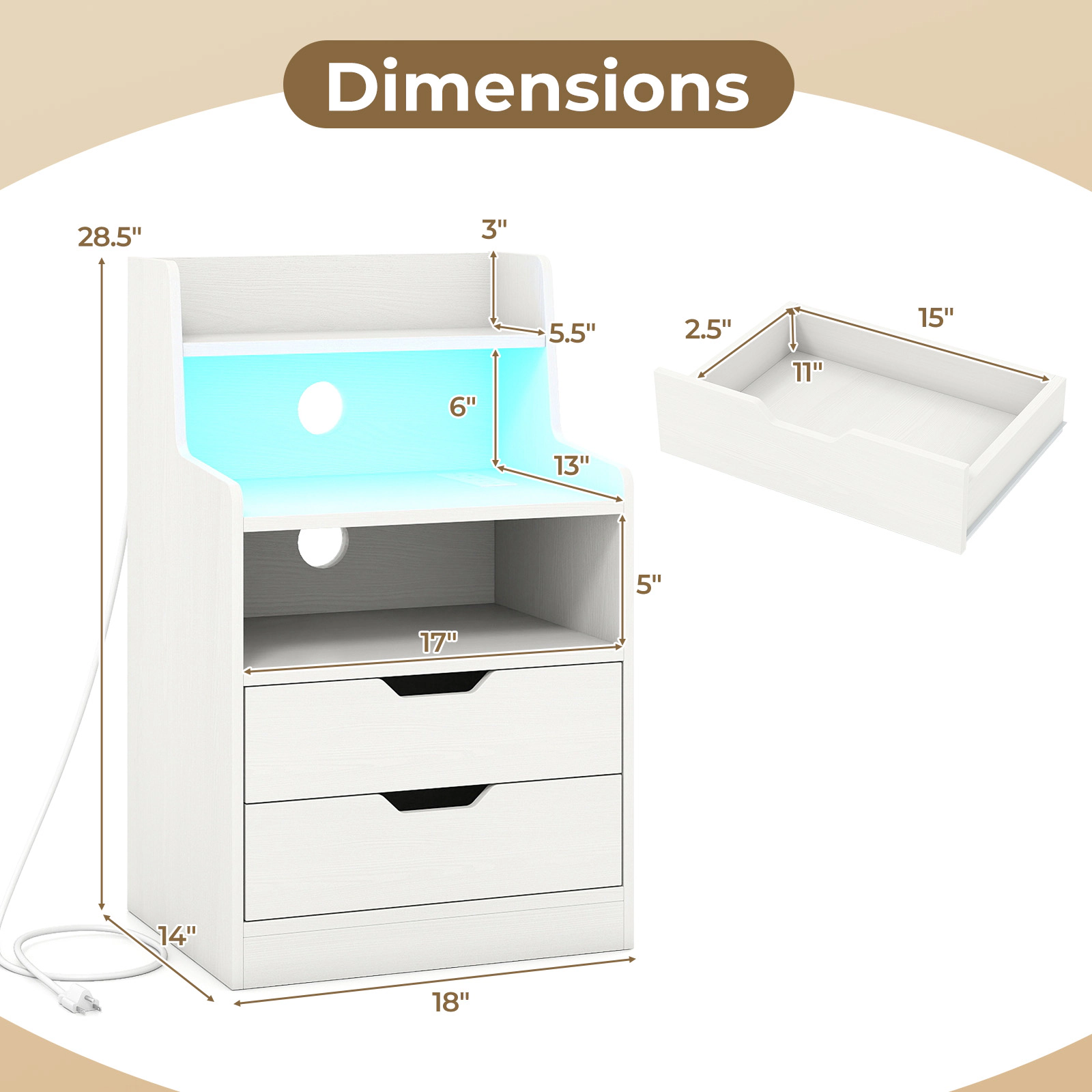 SUGIFT 28.5-Inch White LED Nightstand with Storage, Music Sync and Charging Station