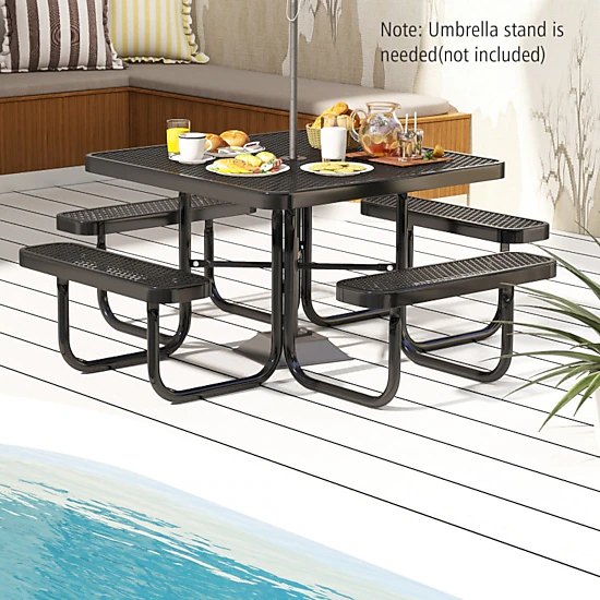 Hivvago Square Picnic Table And Bench For 8 Person With Seats And Umbrella Hole-Black