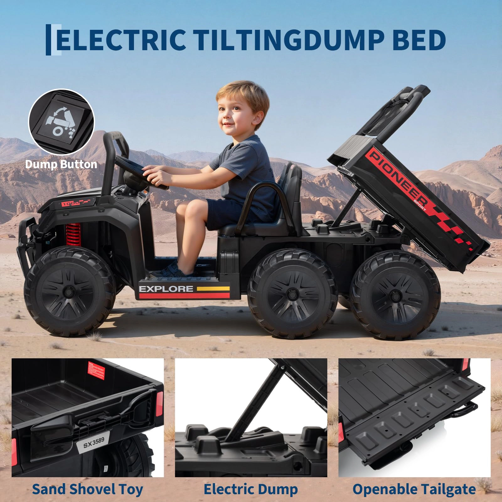 Enjyam 24V Ride on Dump Truck for Kids, 2 Seater 4WD Electric Off-Road Vehicle w/Remote, Bed, 3 Speed