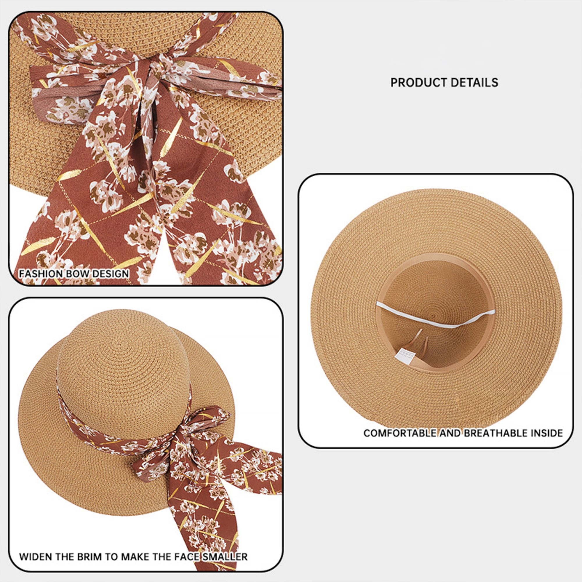 Anna-Kaci Women's Wide Brim Straw Sun Hat Floral Bow Ribbon Summer Beach Adjustable Fit Lightweight