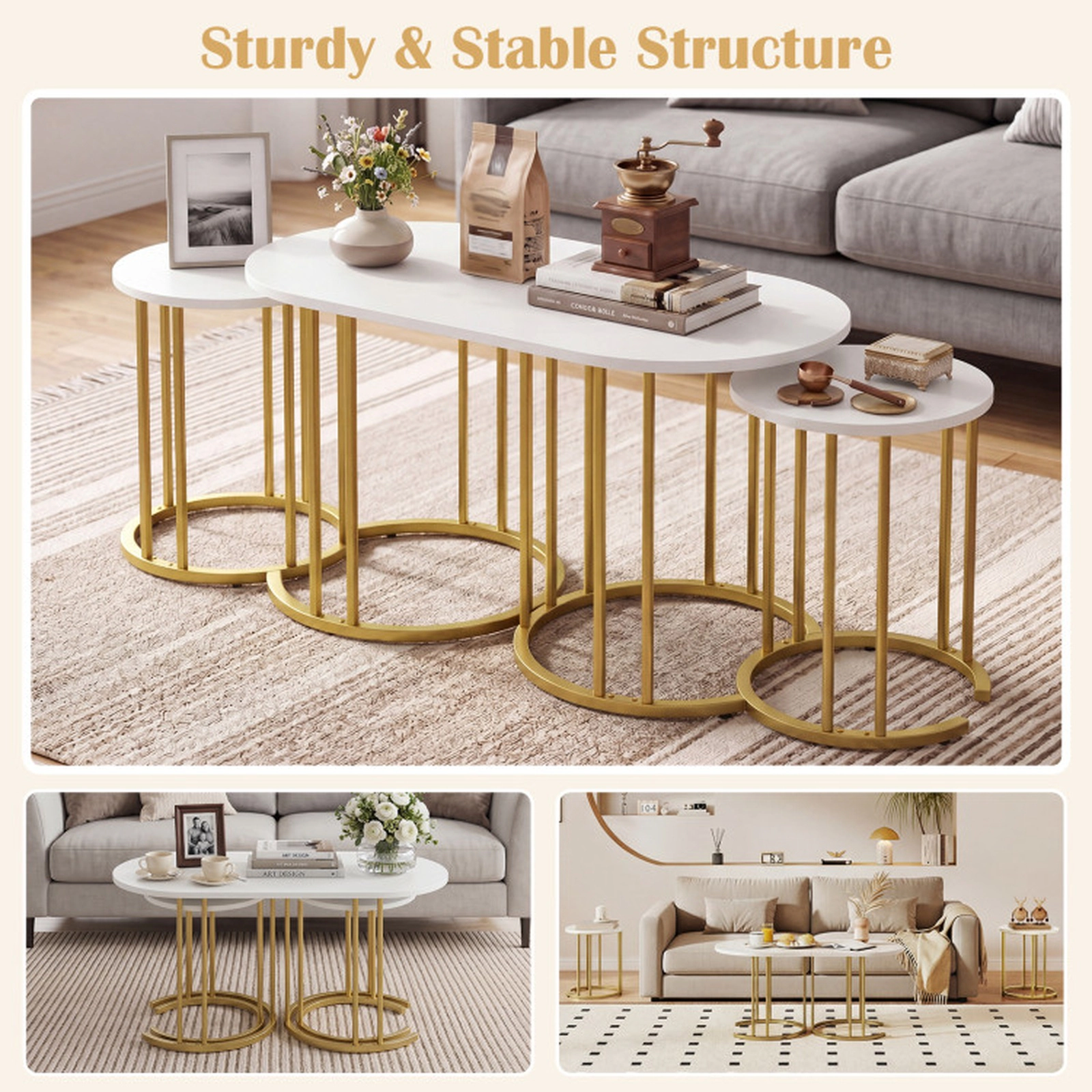 SUGIFT 3-Piece White Faux Marble Nesting Table Set, Gold Metal Frame