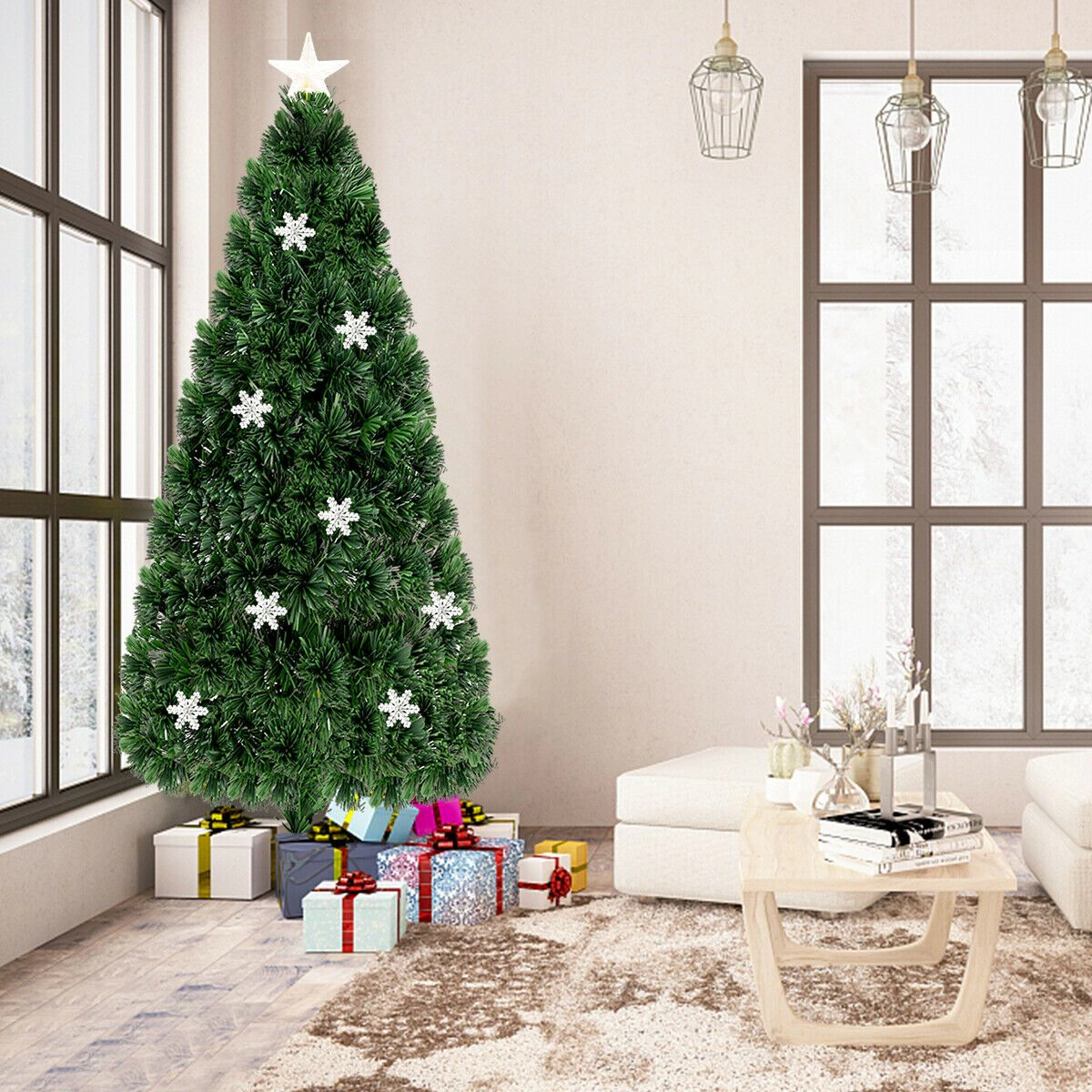SlickBlue Green PVC Christmas Tree with LED Lights and Snow Accent Decorations