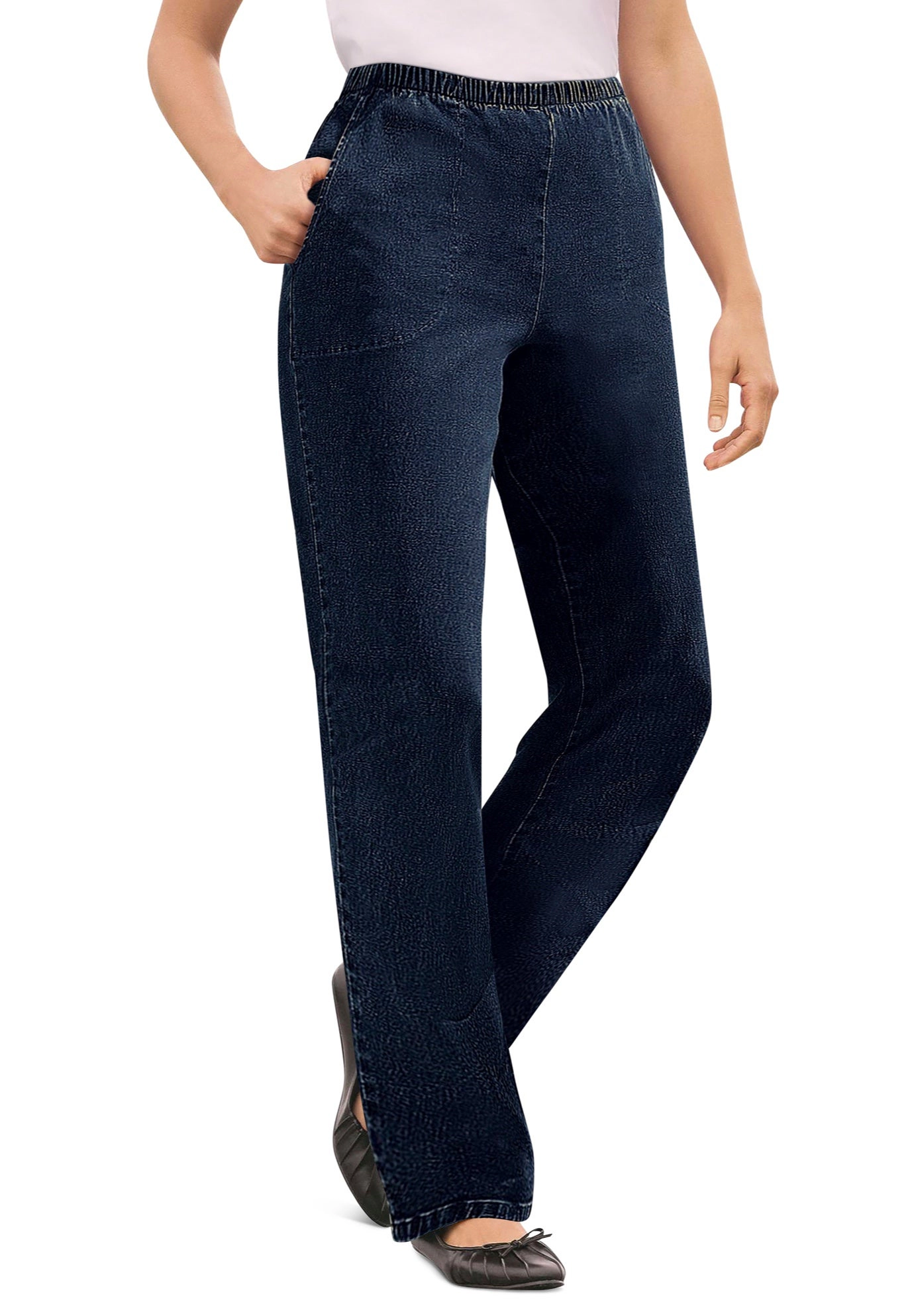 Woman Within Plus Fineline Pull-On Elastic Waist Straight-Leg Stretch Denim Jeans