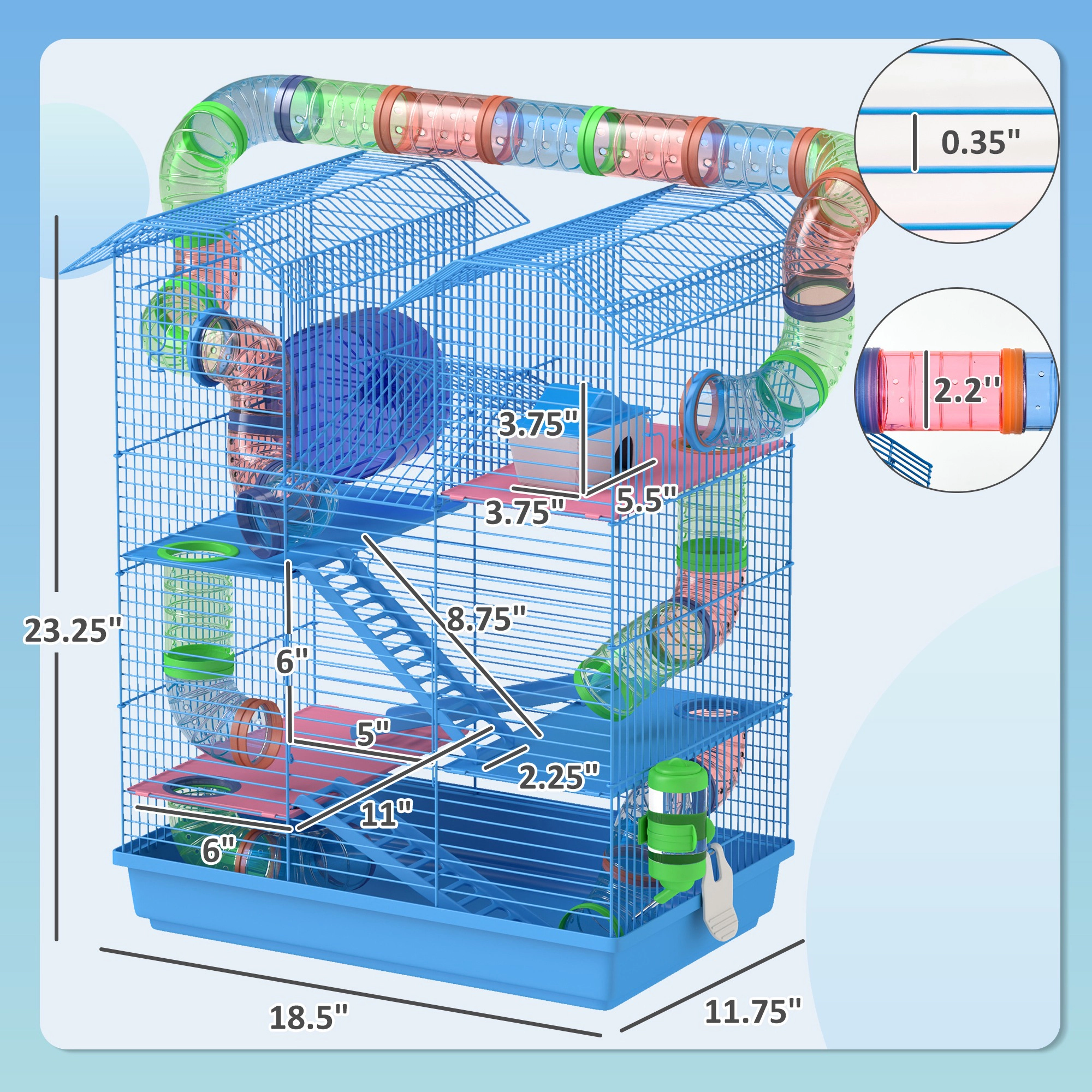 HONGGE 18.5" 5 Tier Hamster Cage with Tubes and Tunnels Small Animal Rat Gerbil Water Bottle Food Dish