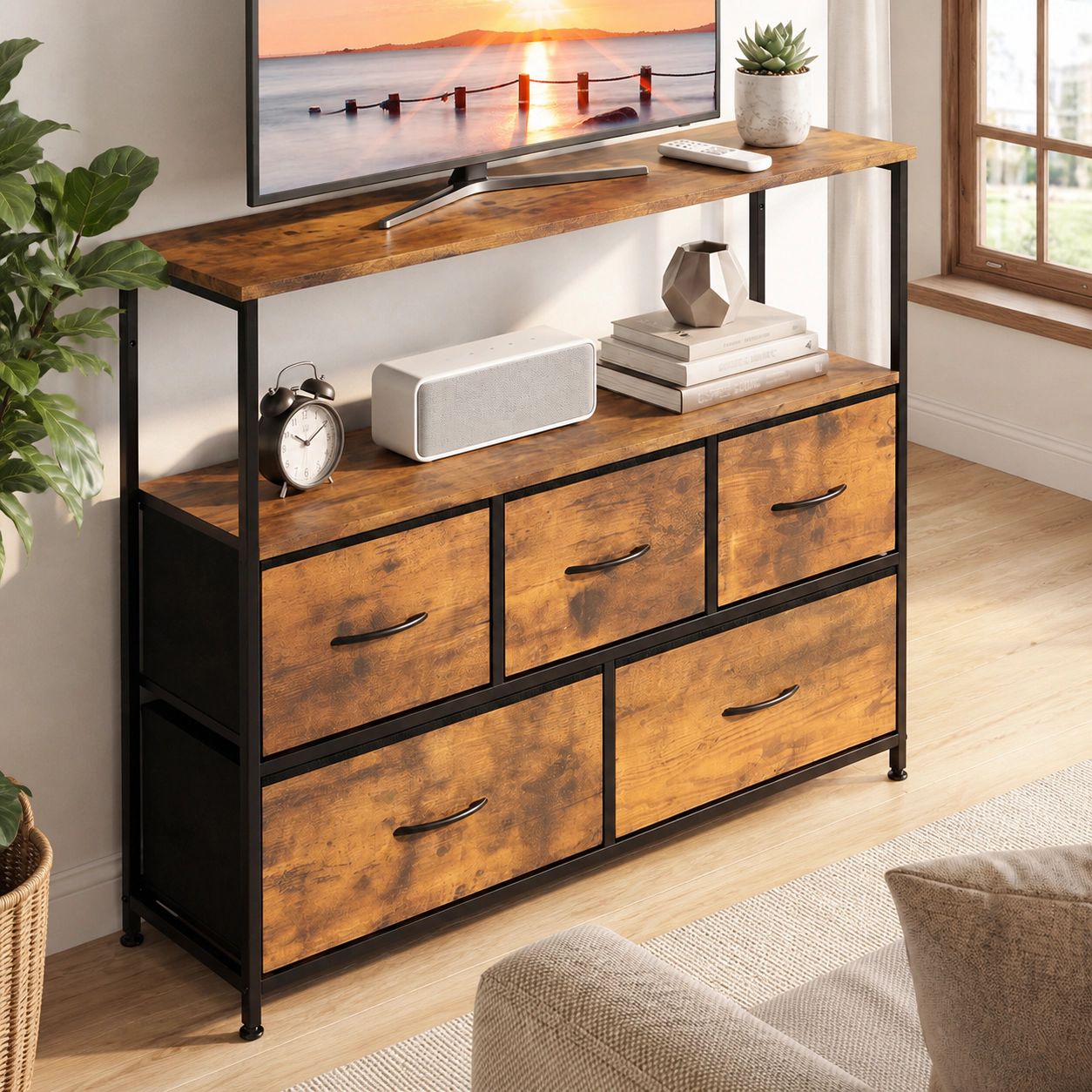 SUGIFT 39.5-in TV Stand Dresser for TVs up to 45 in, 5 Fabric Drawers, Open Shelf
