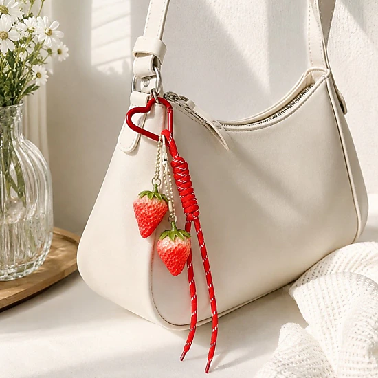 Alilang Women's 3D Strawberry Bag Charm Keychain with Heart Clasp and Braided Cord Tails, Lime Green