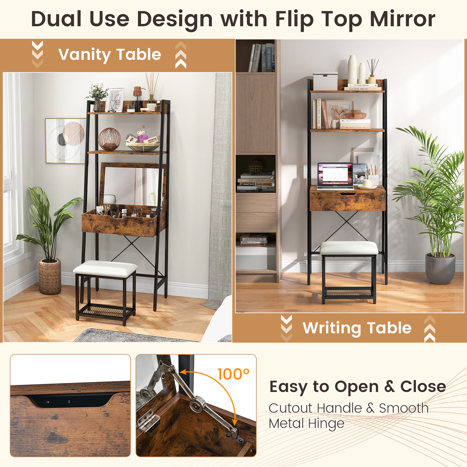 SUGIFT Ladder Vanity Desk Set with Flip Top Mirror and Cushioned Stool 88-Lb Top 330-Lb Stool Black Rustic Brown White